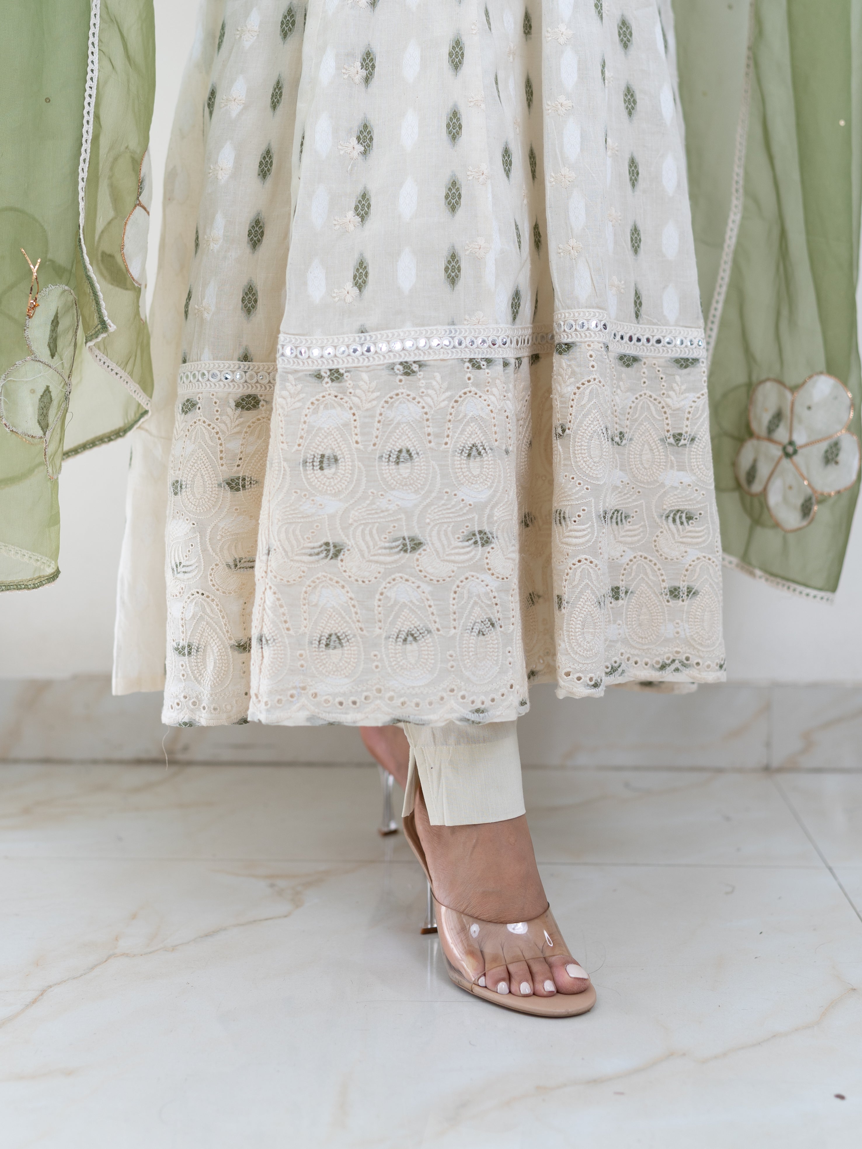 Amaisha Green Cotton Embroidered Anarkali with Applique Dupatta