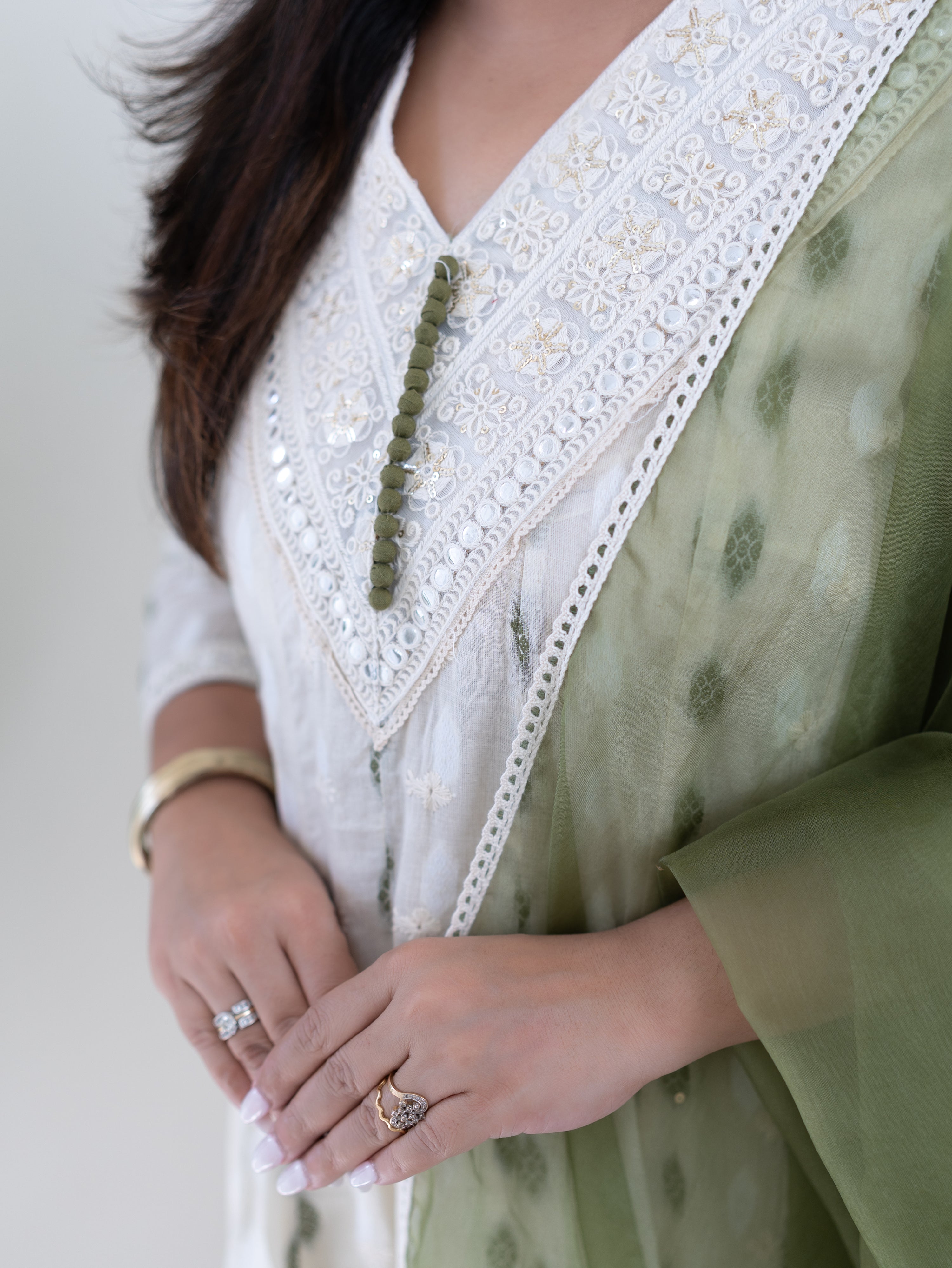Amaisha Green Cotton Embroidered Anarkali with Applique Dupatta