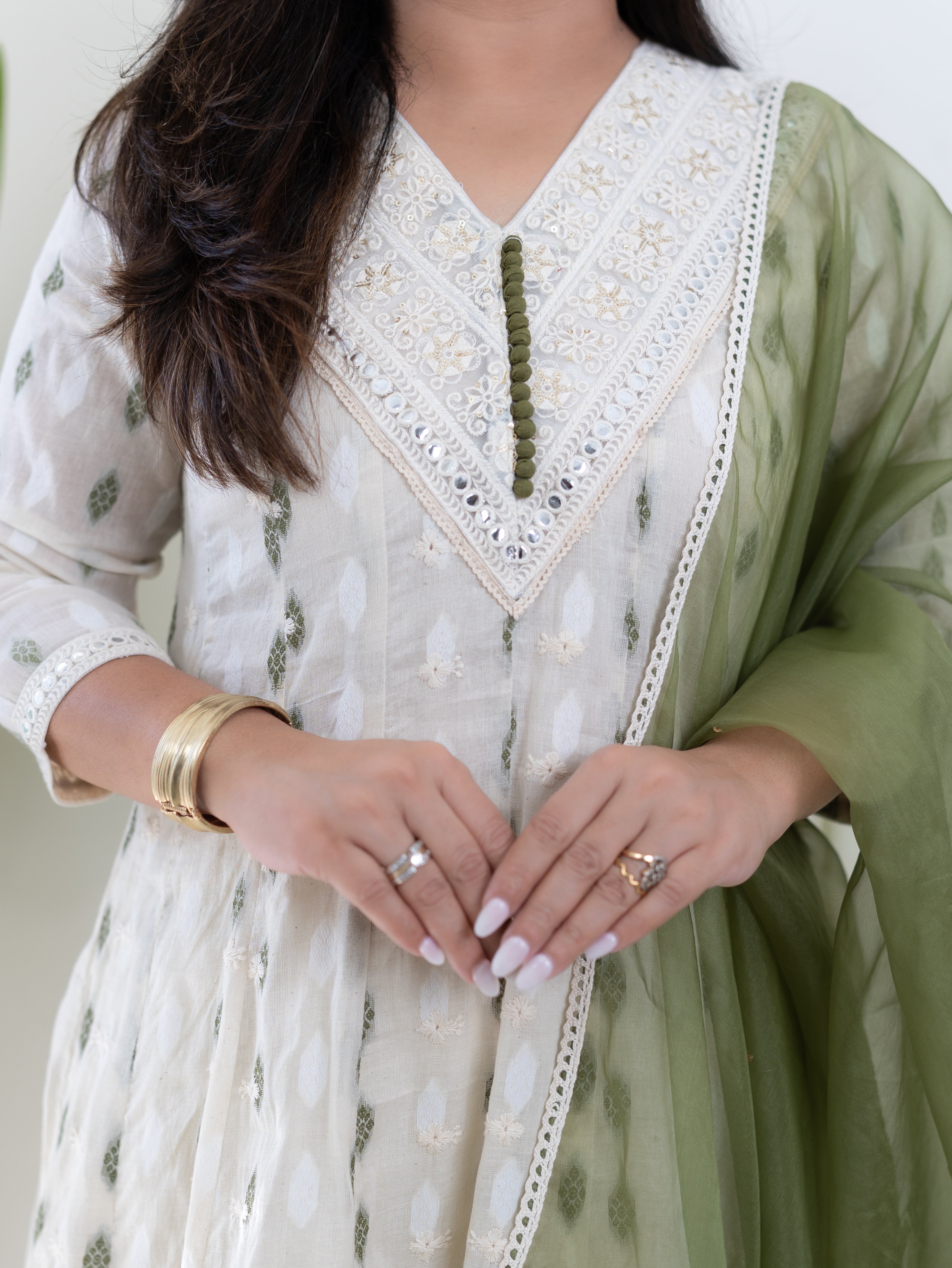 Amaisha Green Cotton Embroidered Anarkali with Applique Dupatta