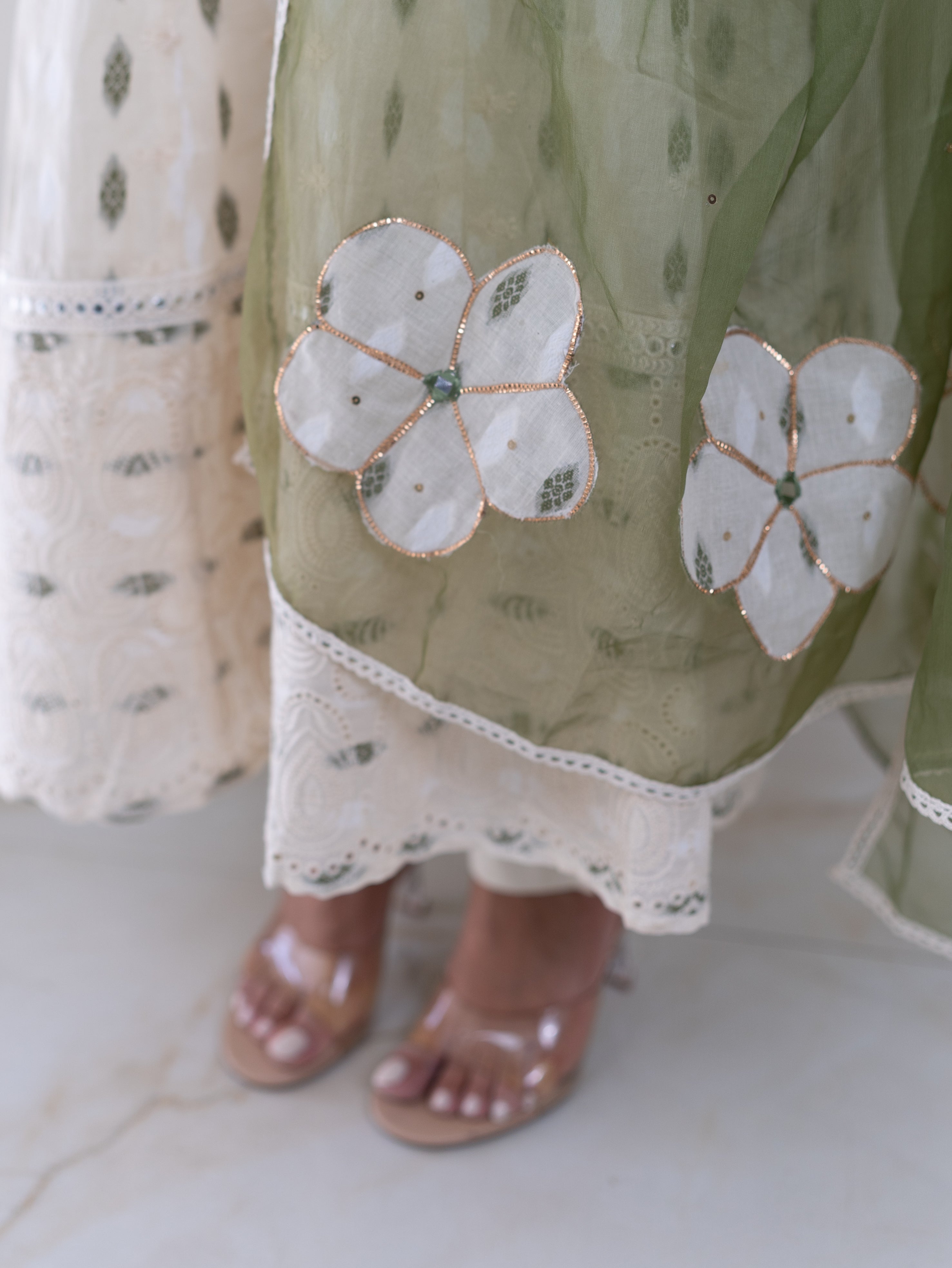 Amaisha Green Cotton Embroidered Anarkali with Applique Dupatta