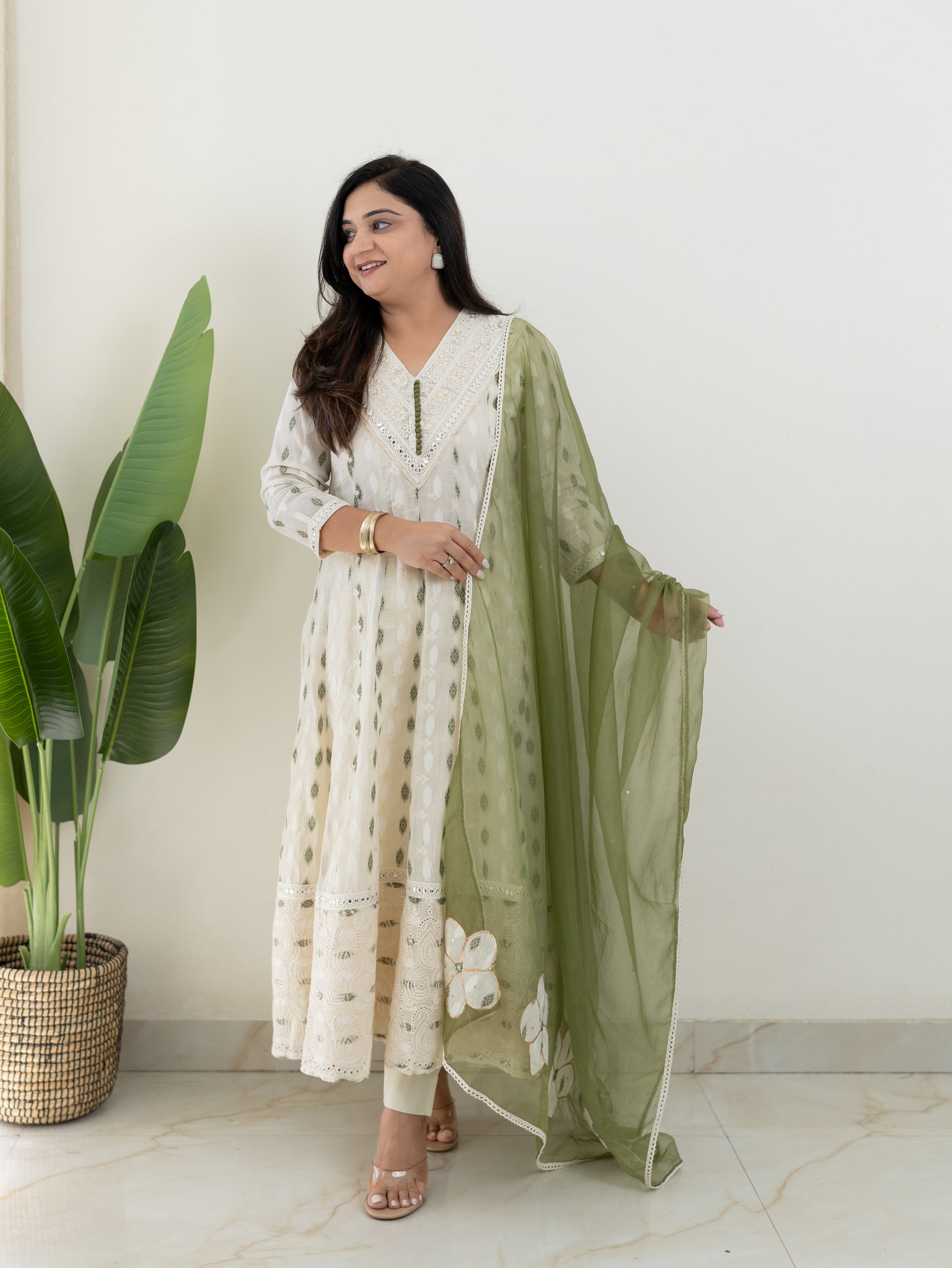Amaisha Green Cotton Embroidered Anarkali with Applique Dupatta