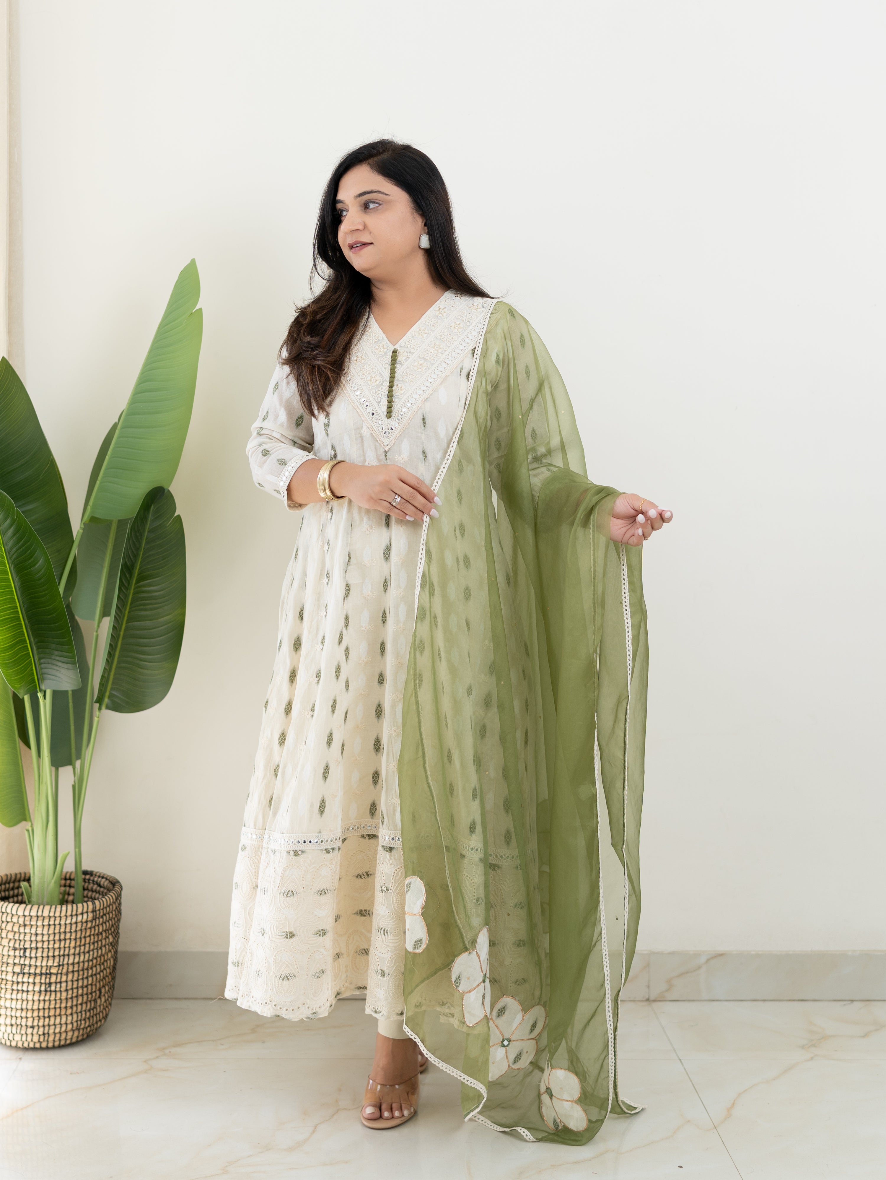 Amaisha Green Cotton Embroidered Anarkali with Applique Dupatta