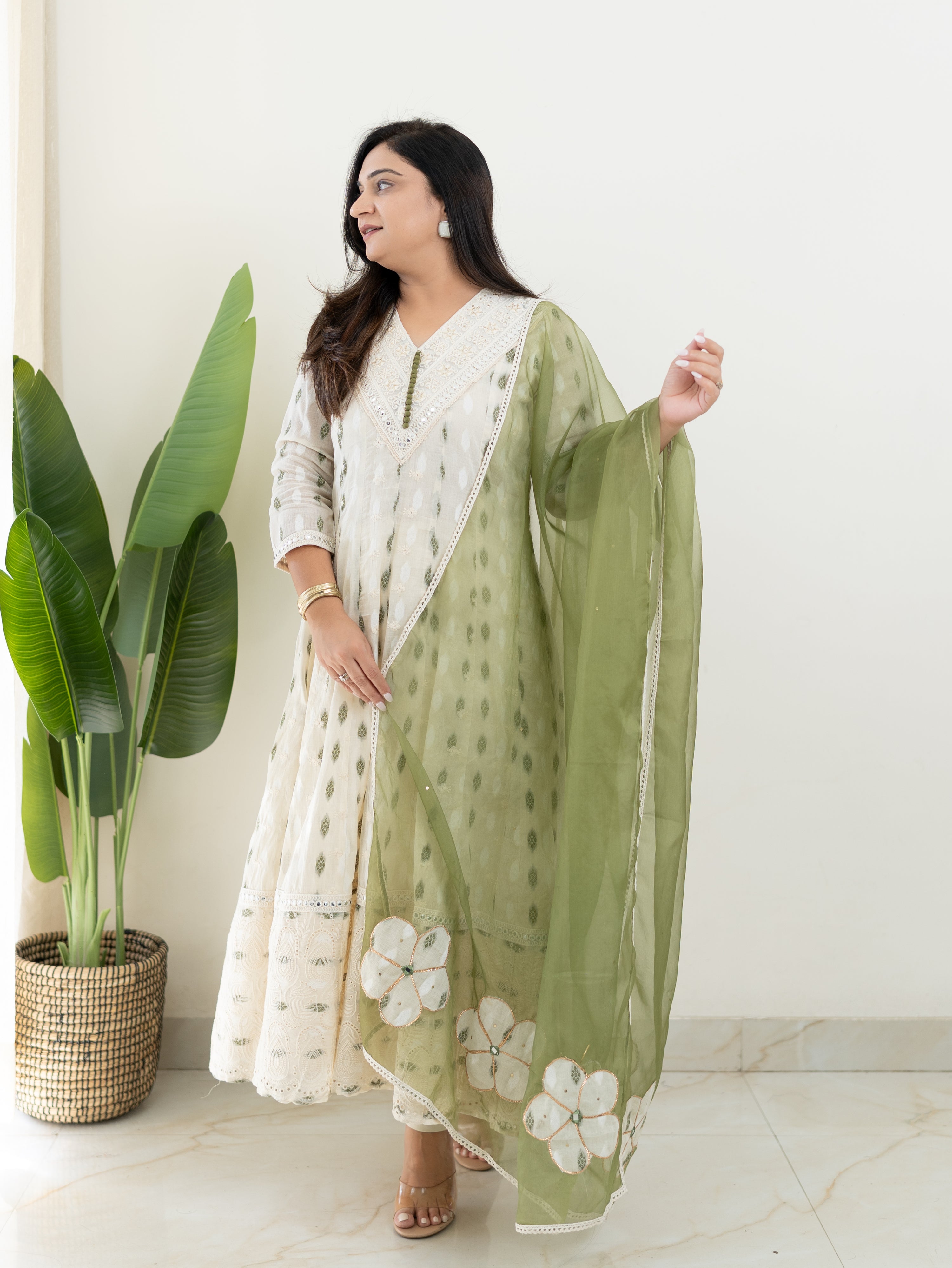 Amaisha Green Cotton Embroidered Anarkali with Applique Dupatta
