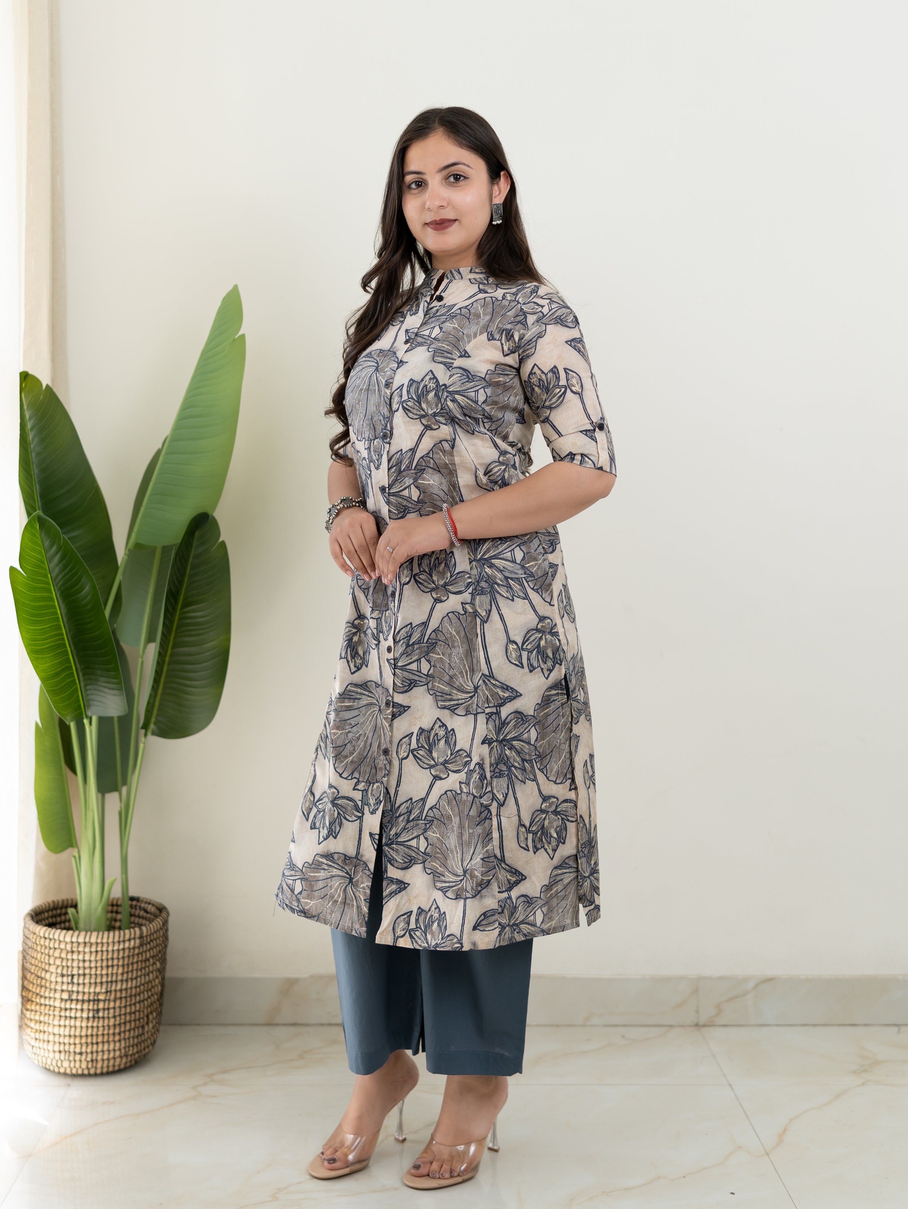 Grey Floral A-line Cotton Coord Set