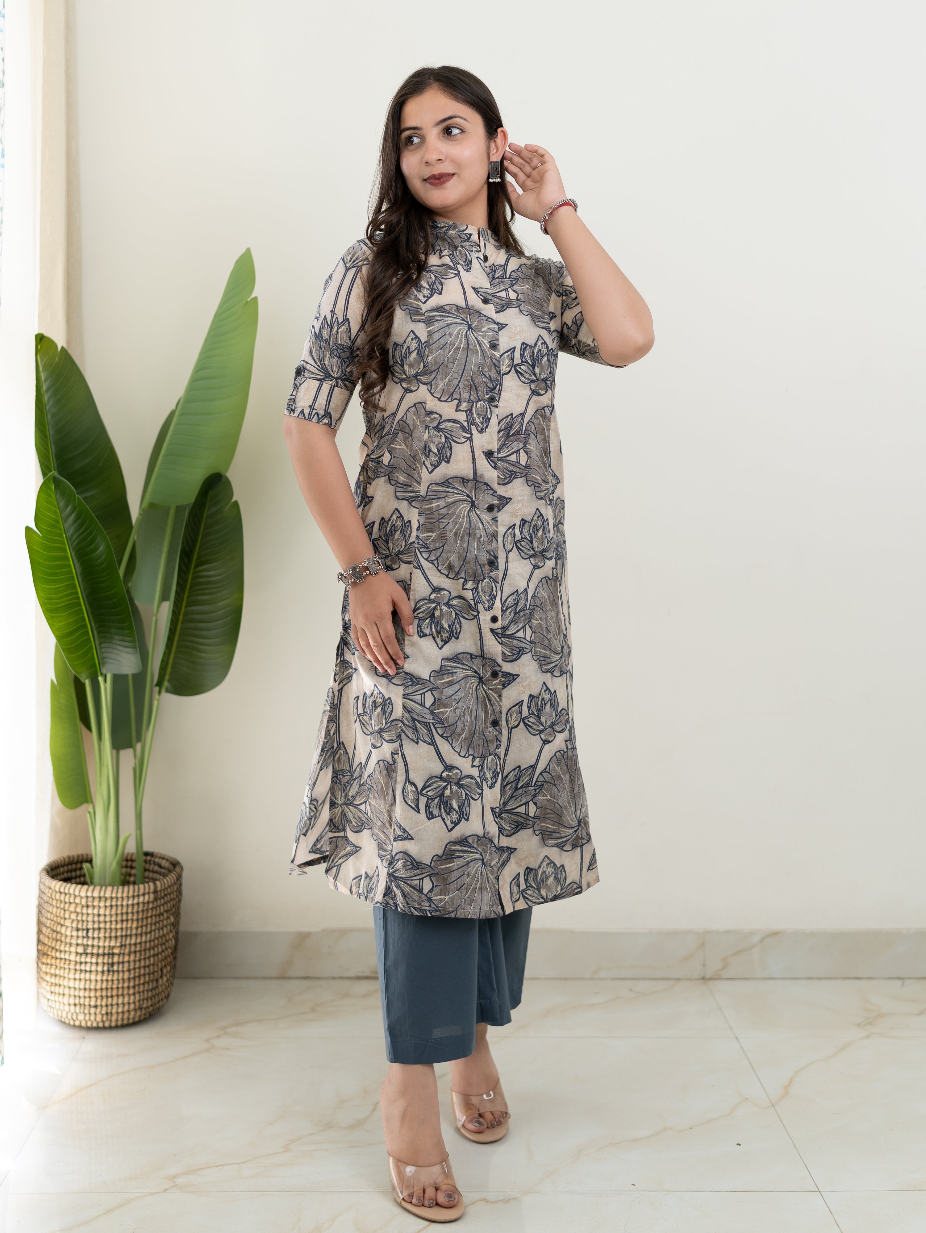 Grey Floral A-line Cotton Coord Set