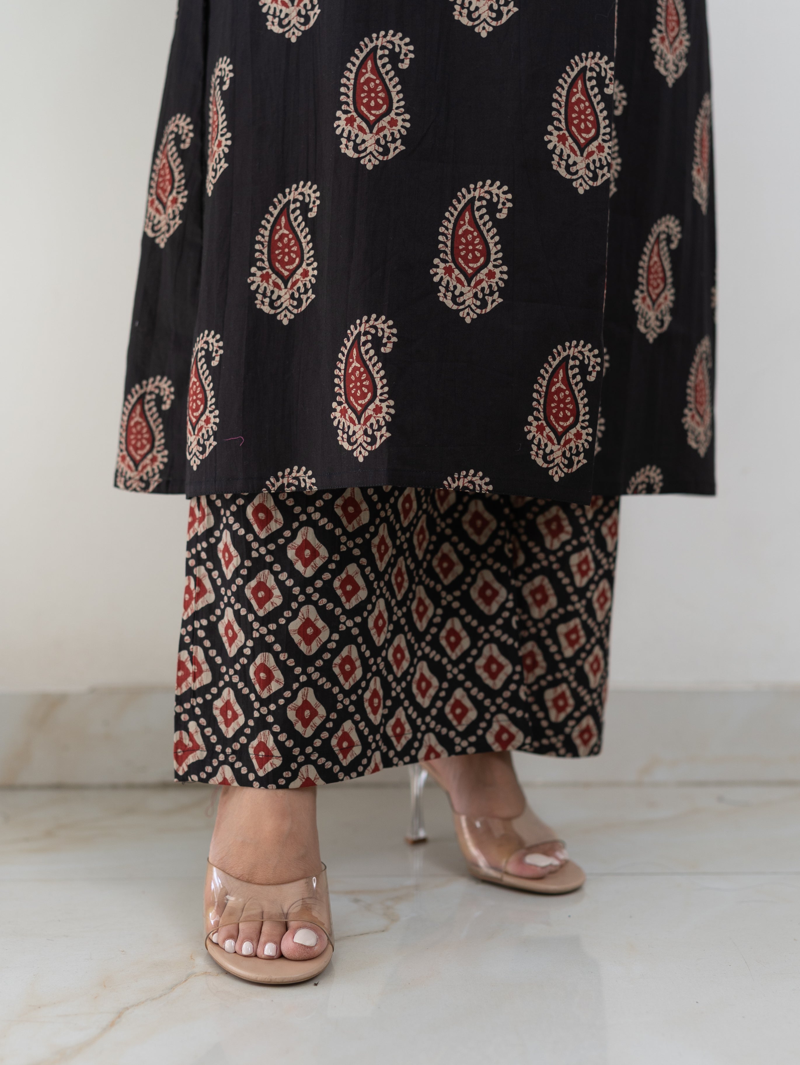 Sara Black Cotton Handblock A-line Kurta Set