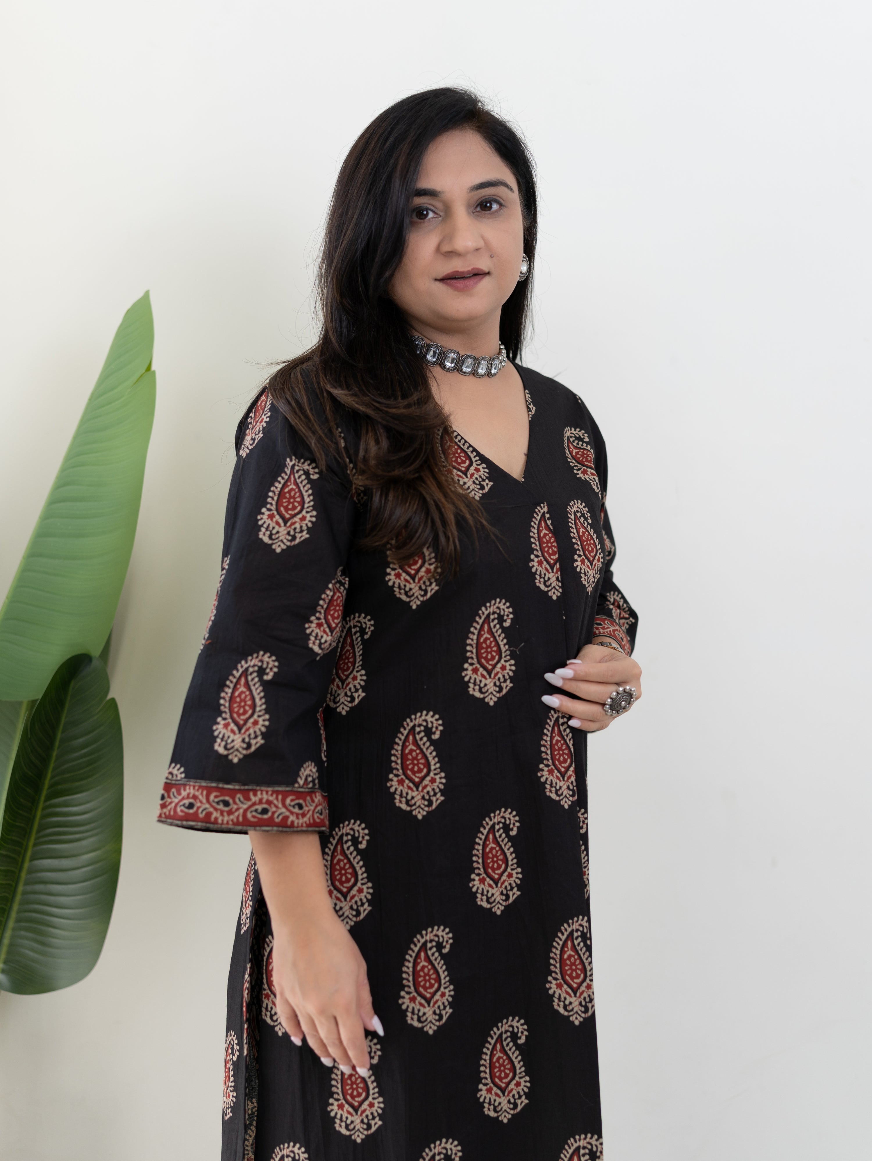 Sara Black Cotton Handblock A-line Kurta Set