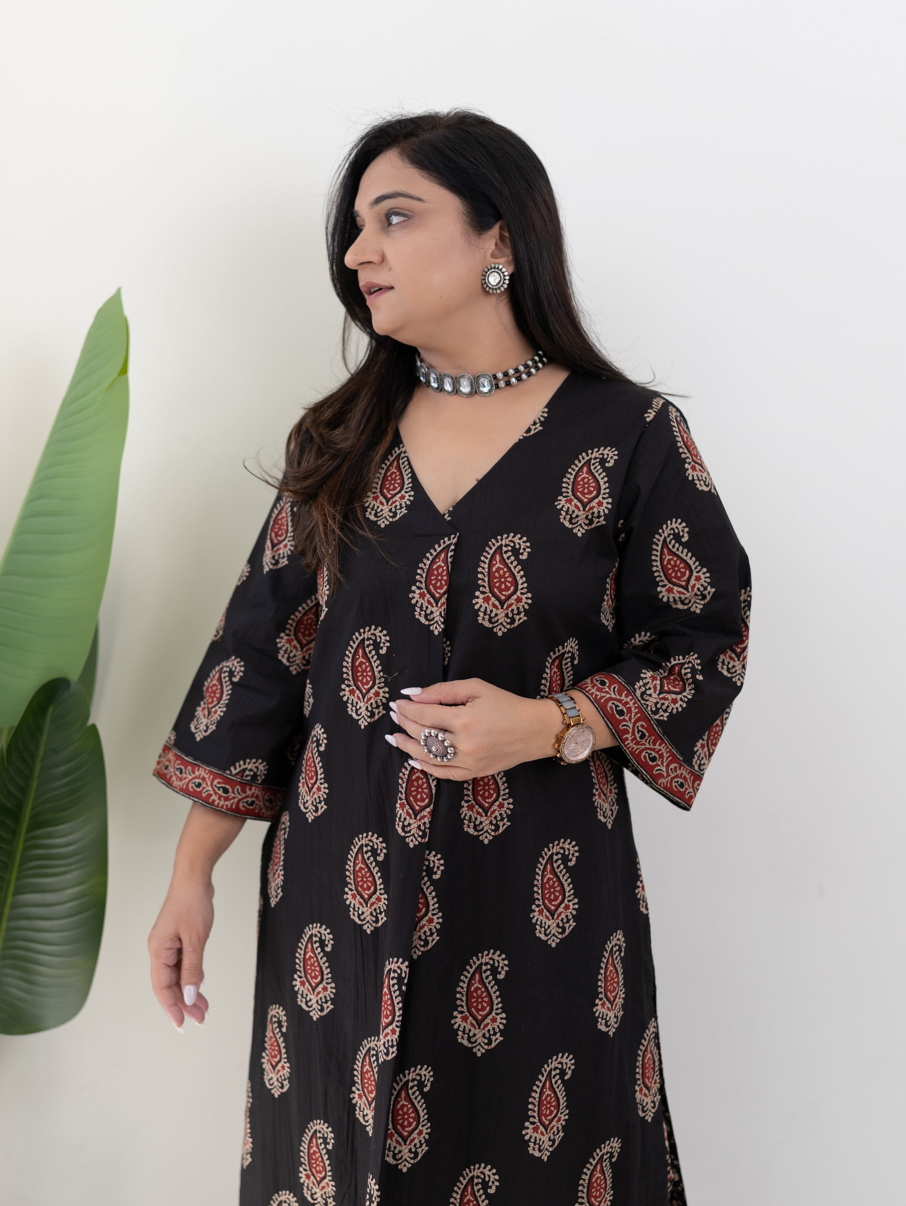 Sara Black Cotton Handblock A-line Kurta Set