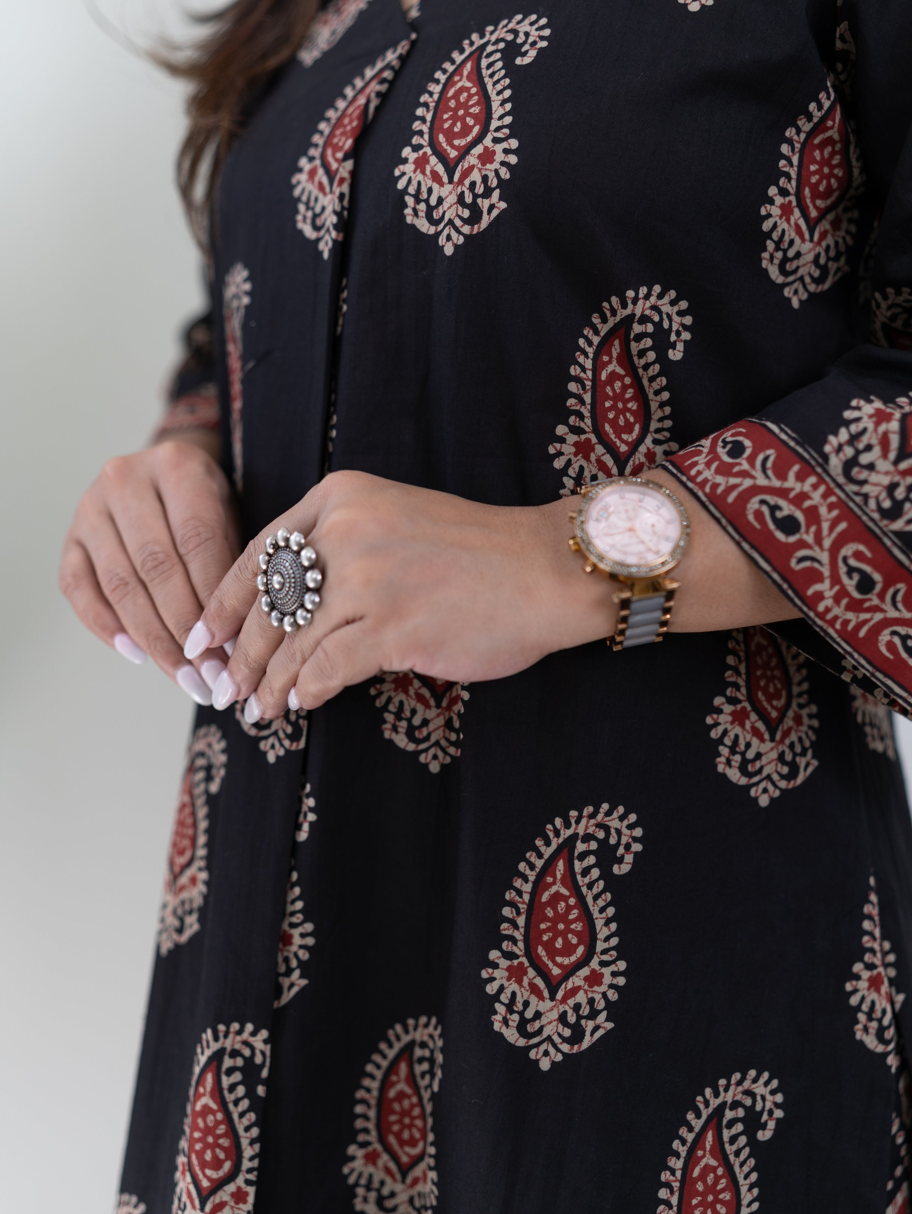 Sara Black Cotton Handblock A-line Kurta Set