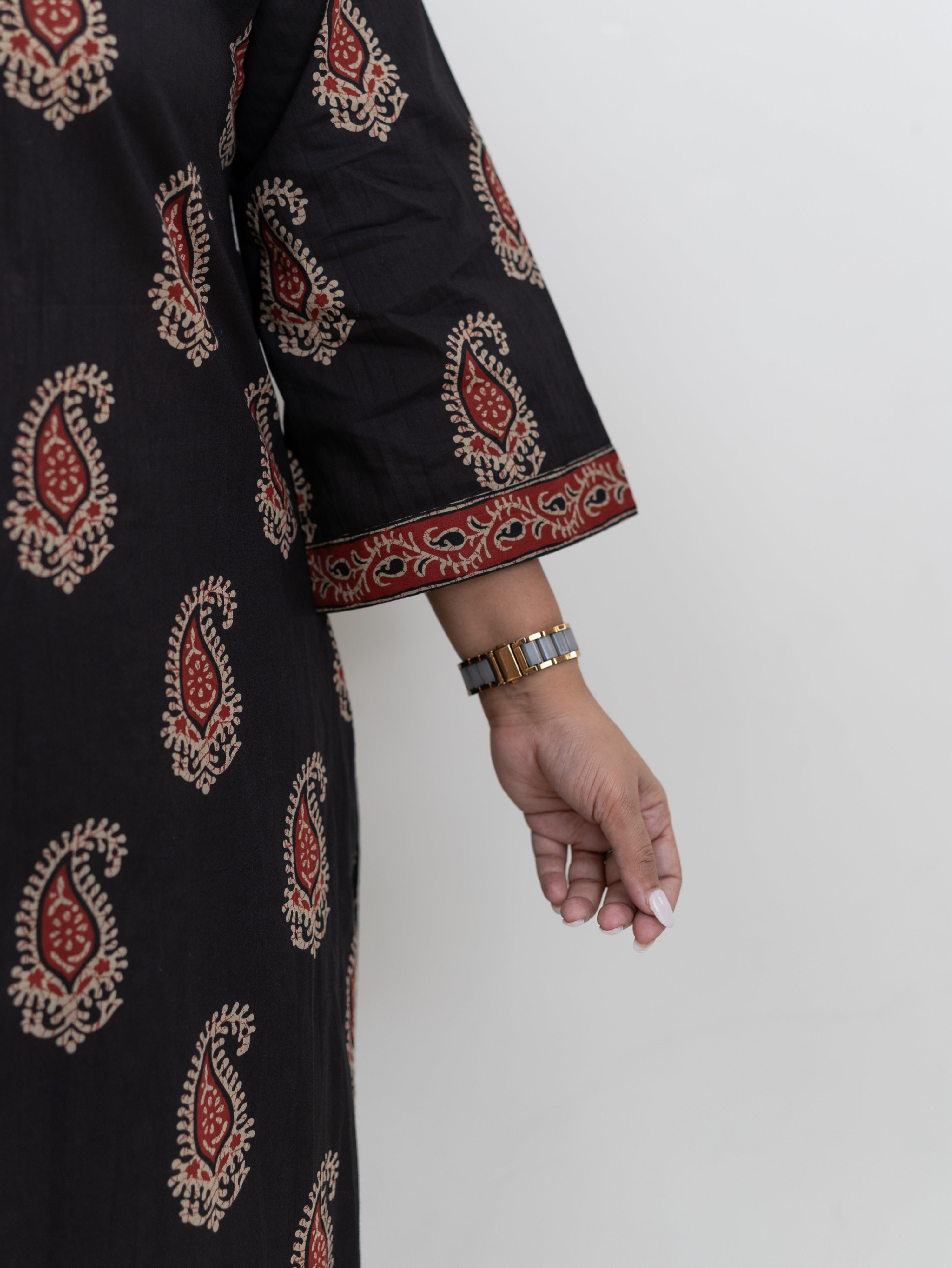 Sara Black Cotton Handblock A-line Kurta Set