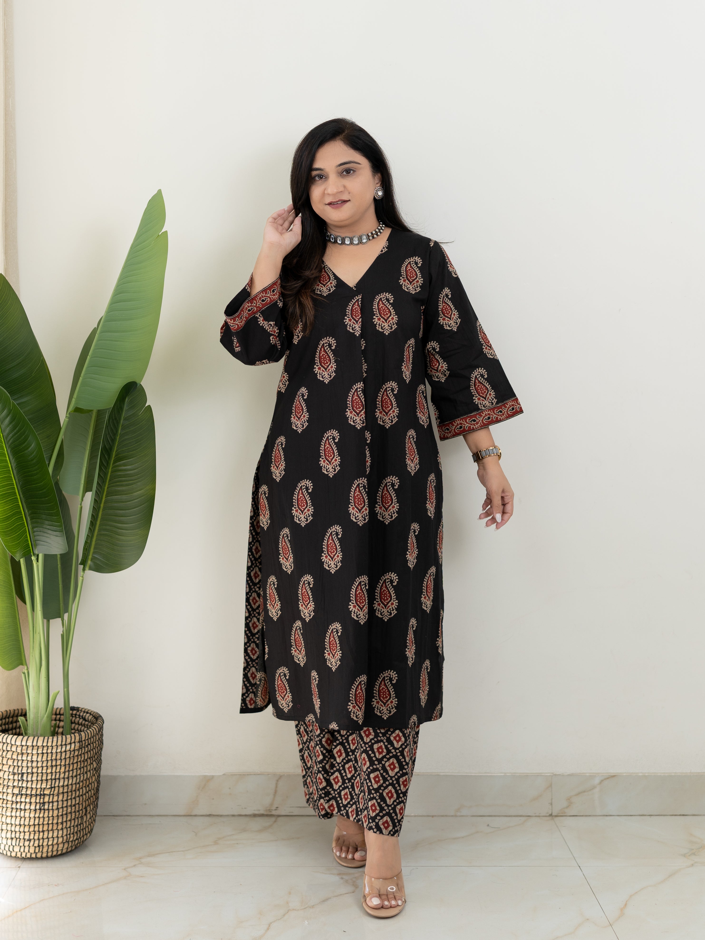 Sara Black Cotton Handblock A-line Kurta Set