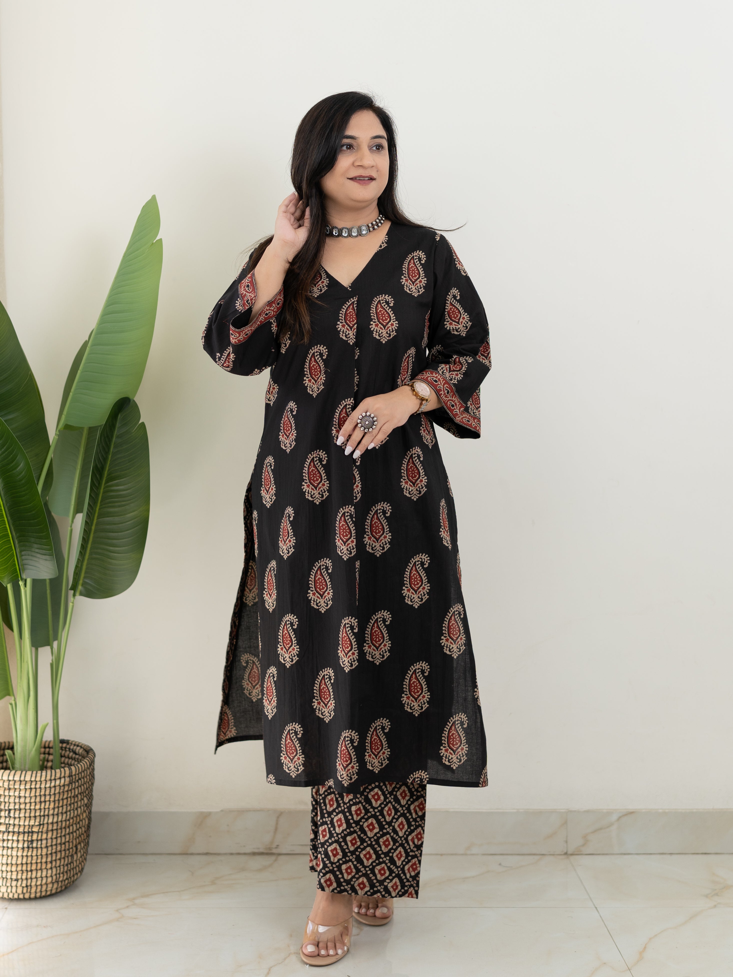 Sara Black Cotton Handblock A-line Kurta Set