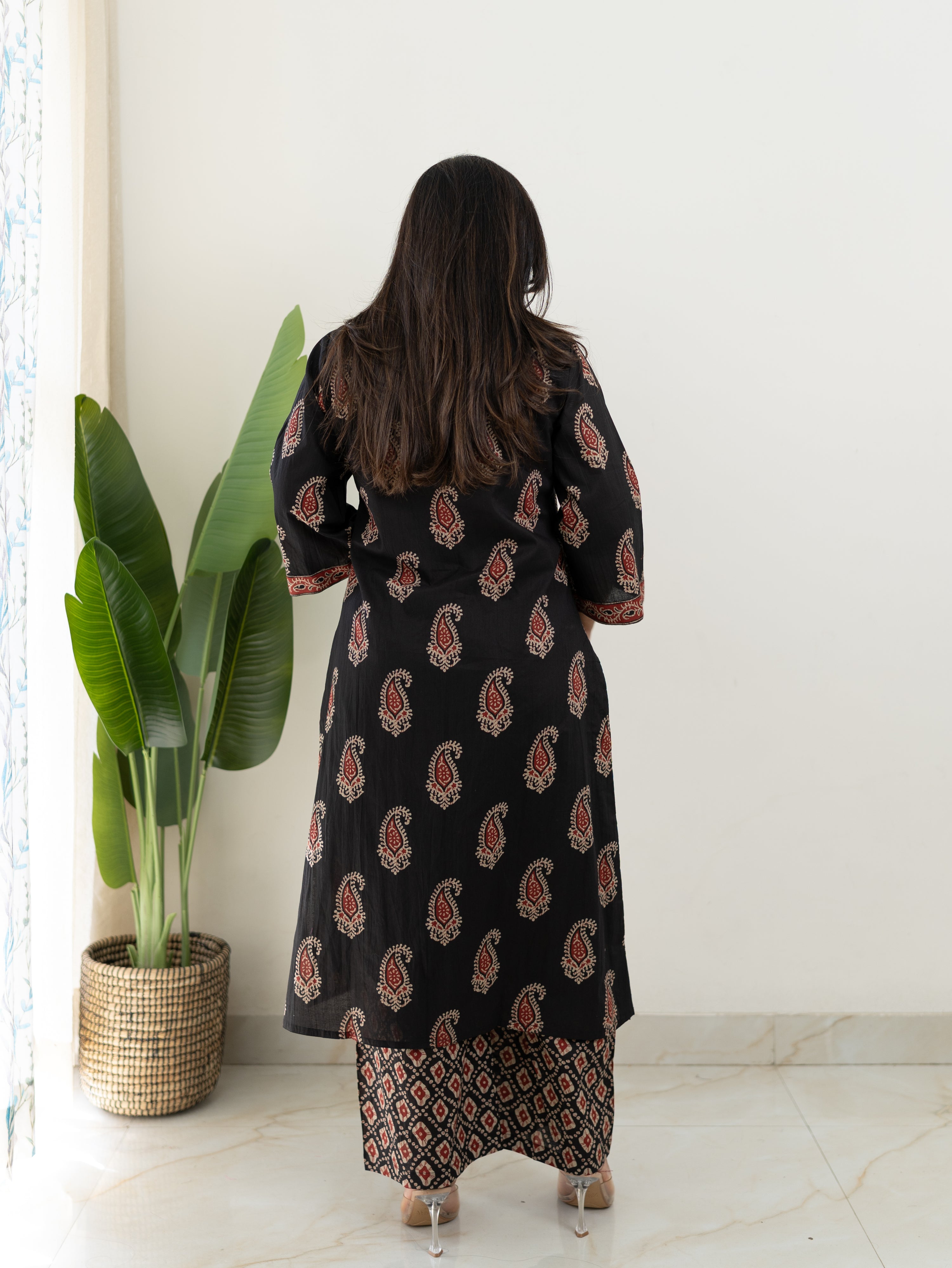 Sara Black Cotton Handblock A-line Kurta Set