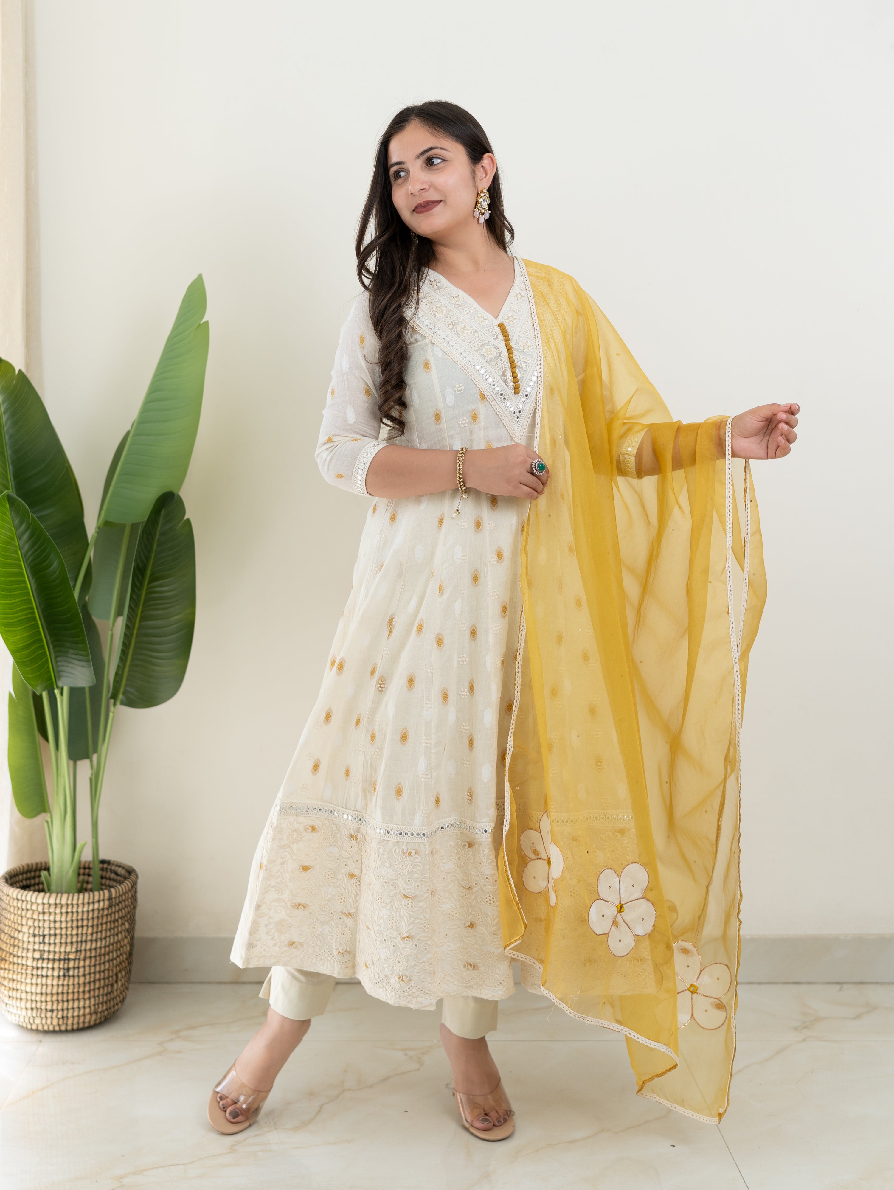 Amaisha Yellow Cotton Embroidered Anarkali with Applique Dupatta