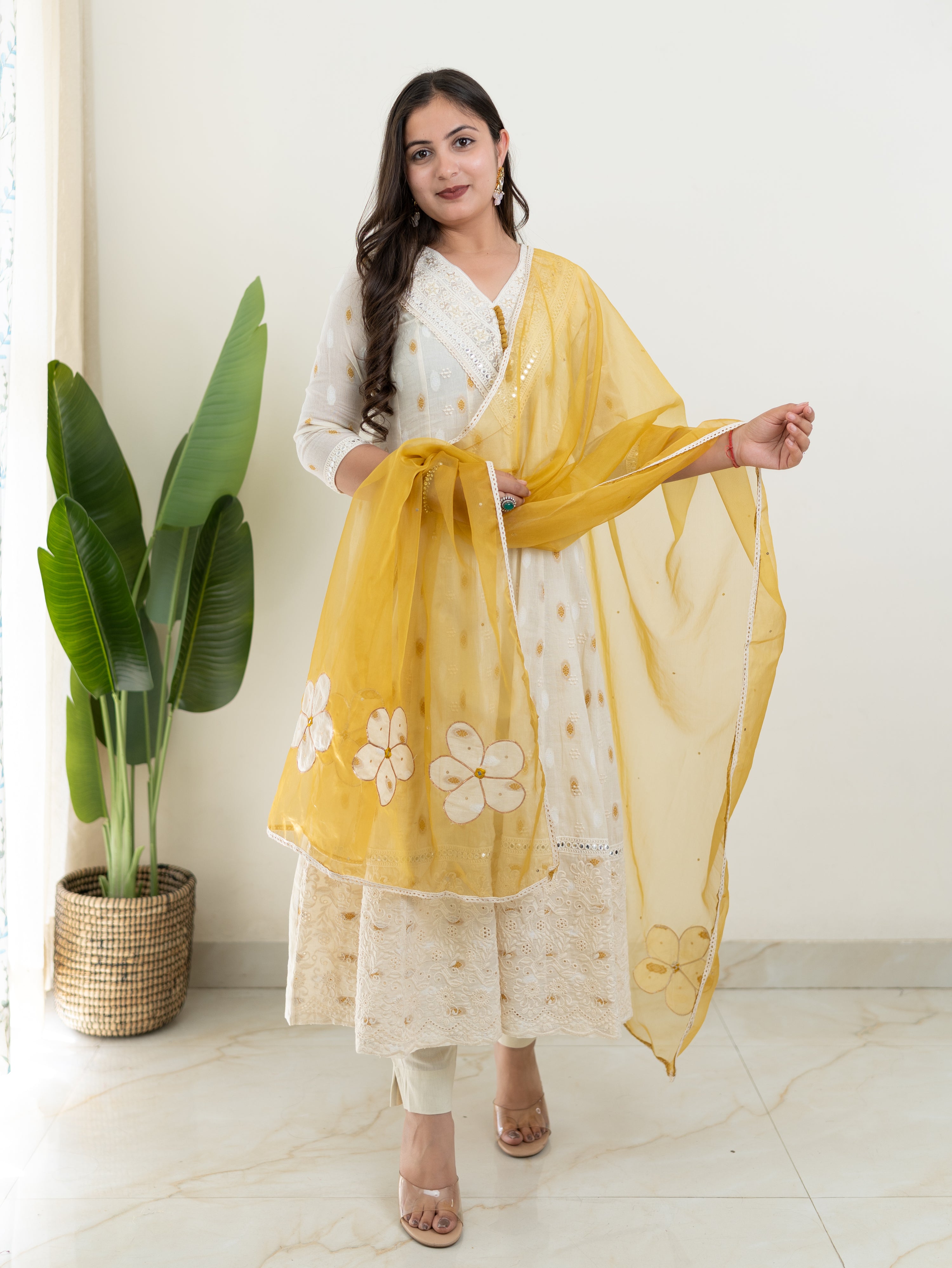 Amaisha Yellow Cotton Embroidered Anarkali with Applique Dupatta