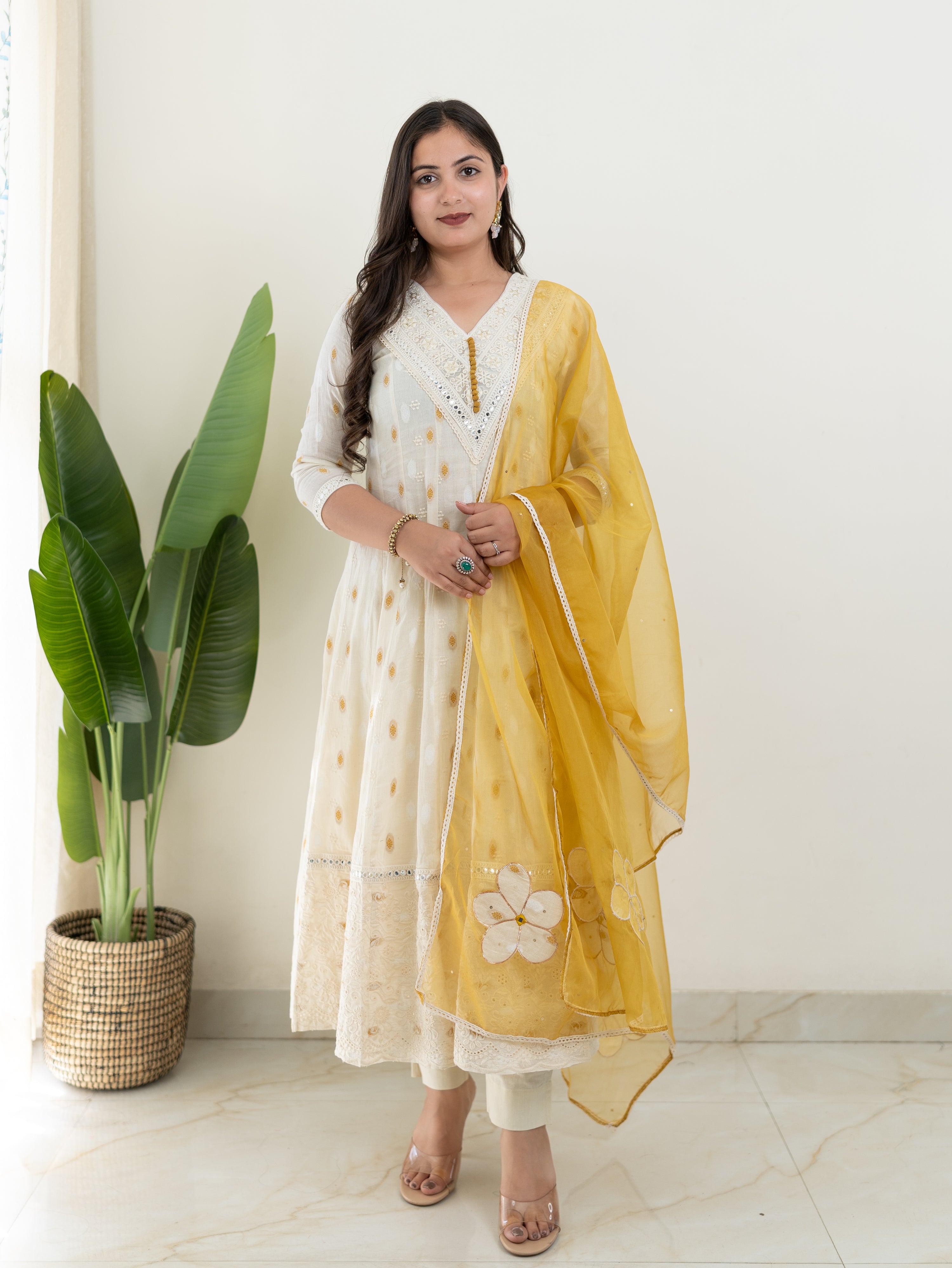Amaisha Yellow Cotton Embroidered Anarkali with Applique Dupatta