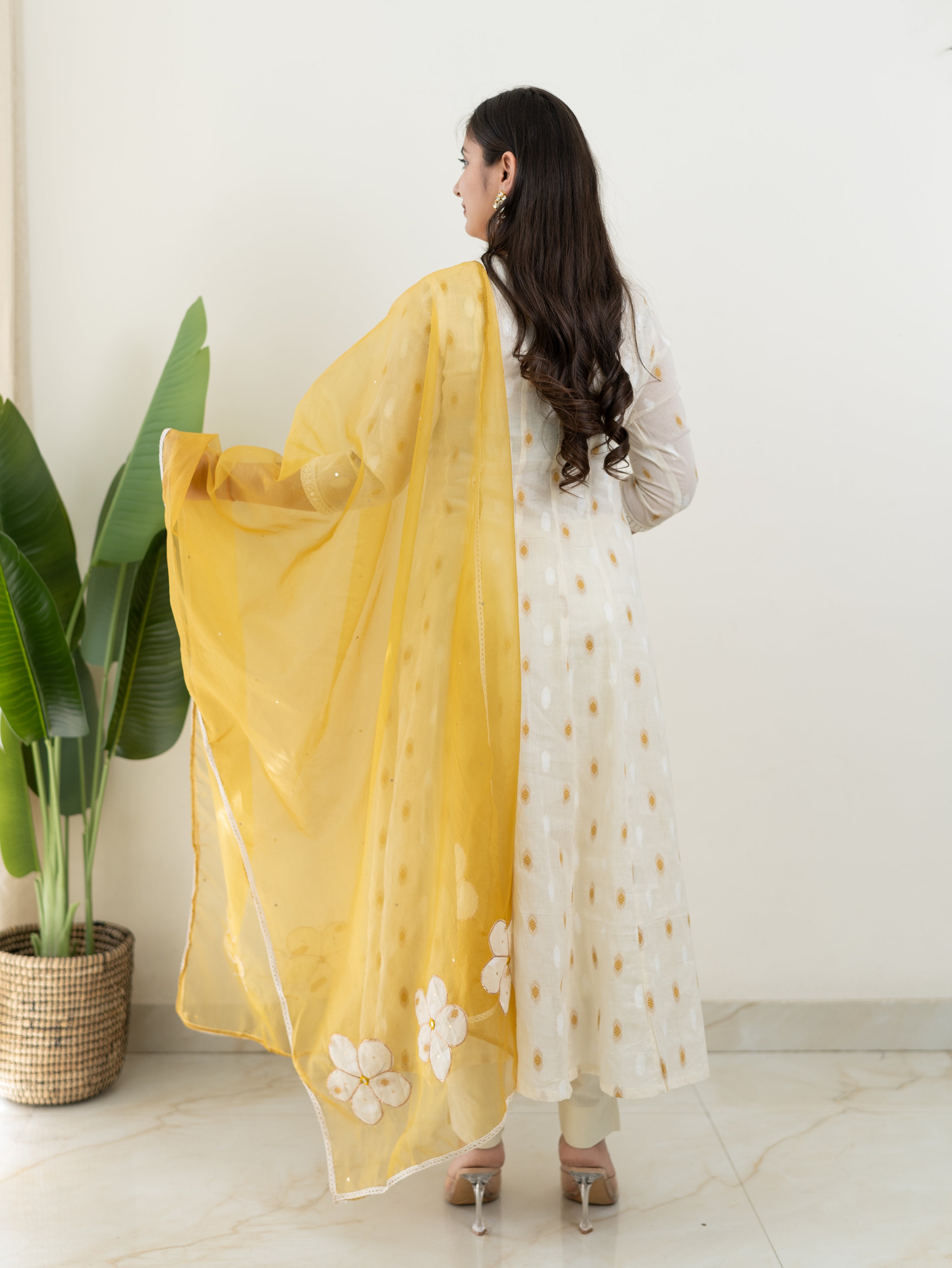 Amaisha Yellow Cotton Embroidered Anarkali with Applique Dupatta