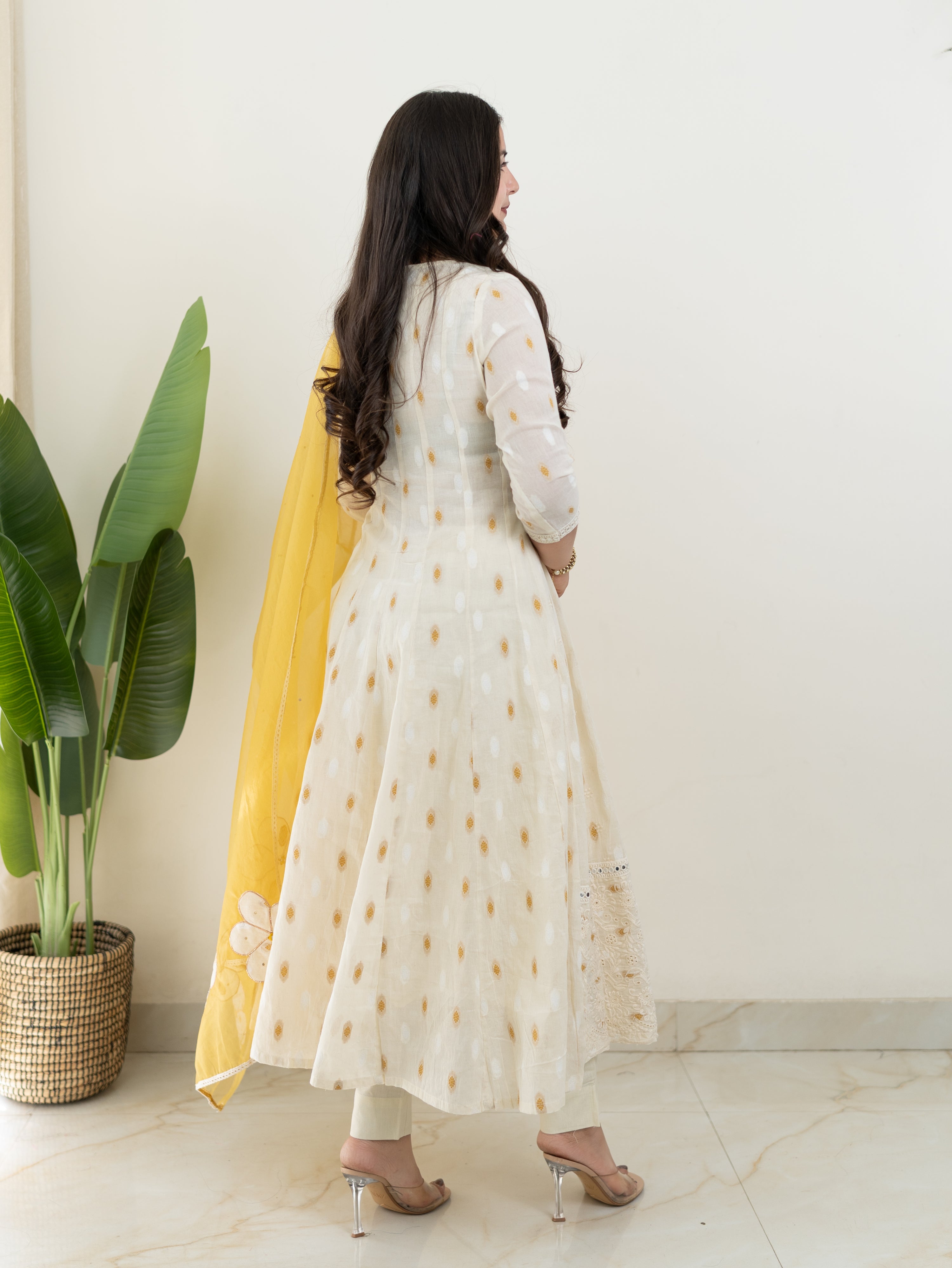 Amaisha Yellow Cotton Embroidered Anarkali with Applique Dupatta