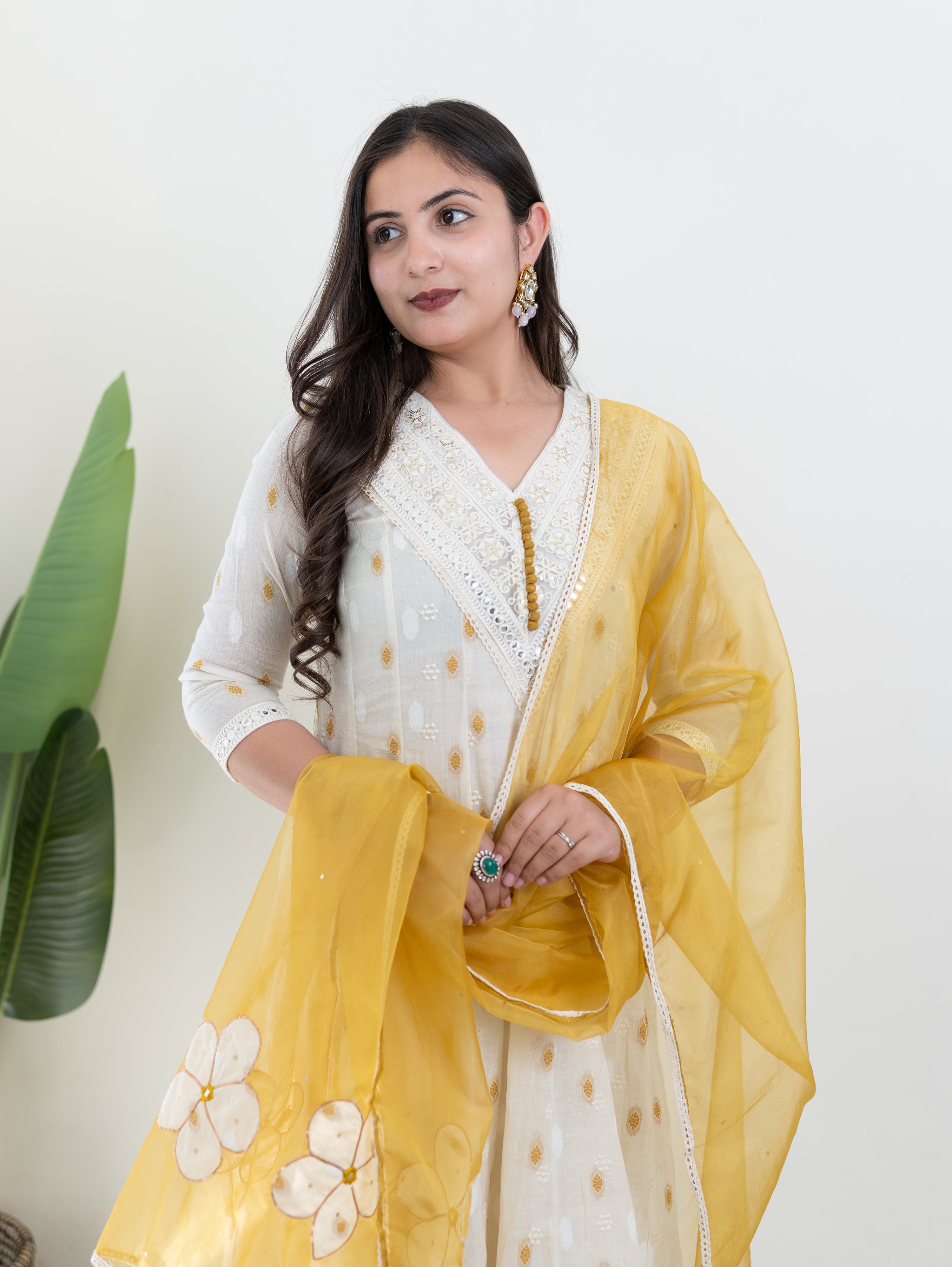 Amaisha Yellow Cotton Embroidered Anarkali with Applique Dupatta