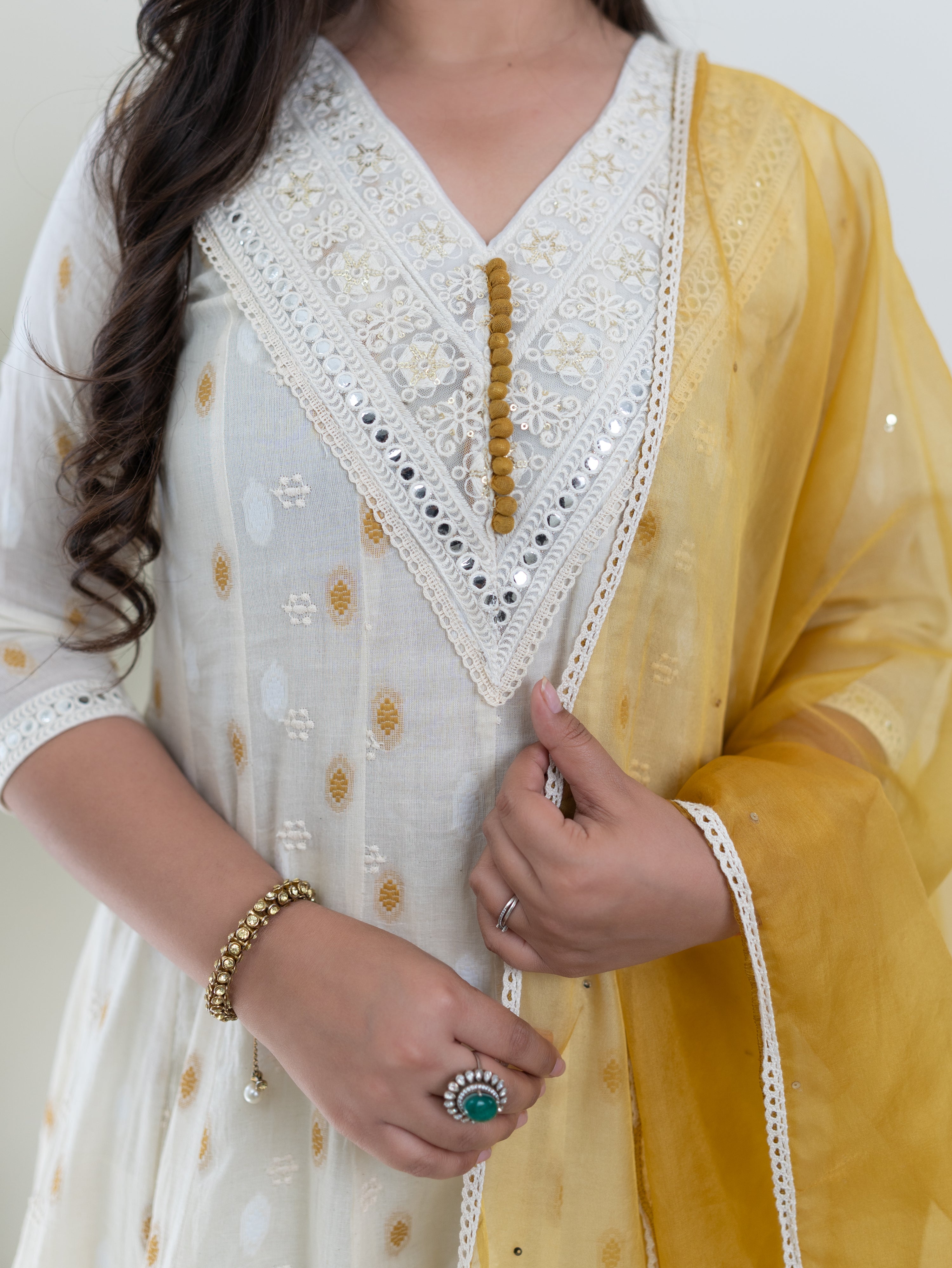 Amaisha Yellow Cotton Embroidered Anarkali with Applique Dupatta