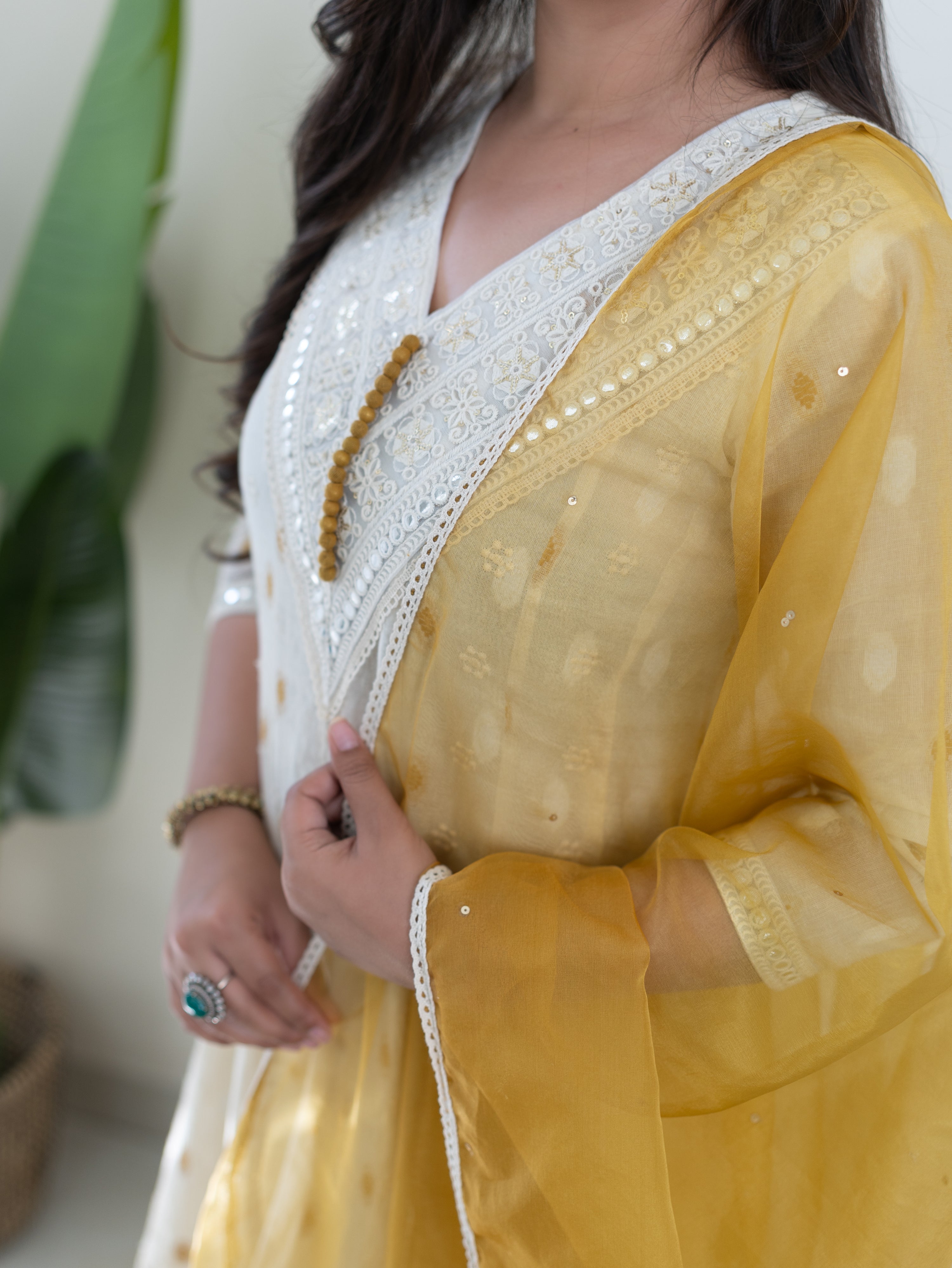 Amaisha Yellow Cotton Embroidered Anarkali with Applique Dupatta
