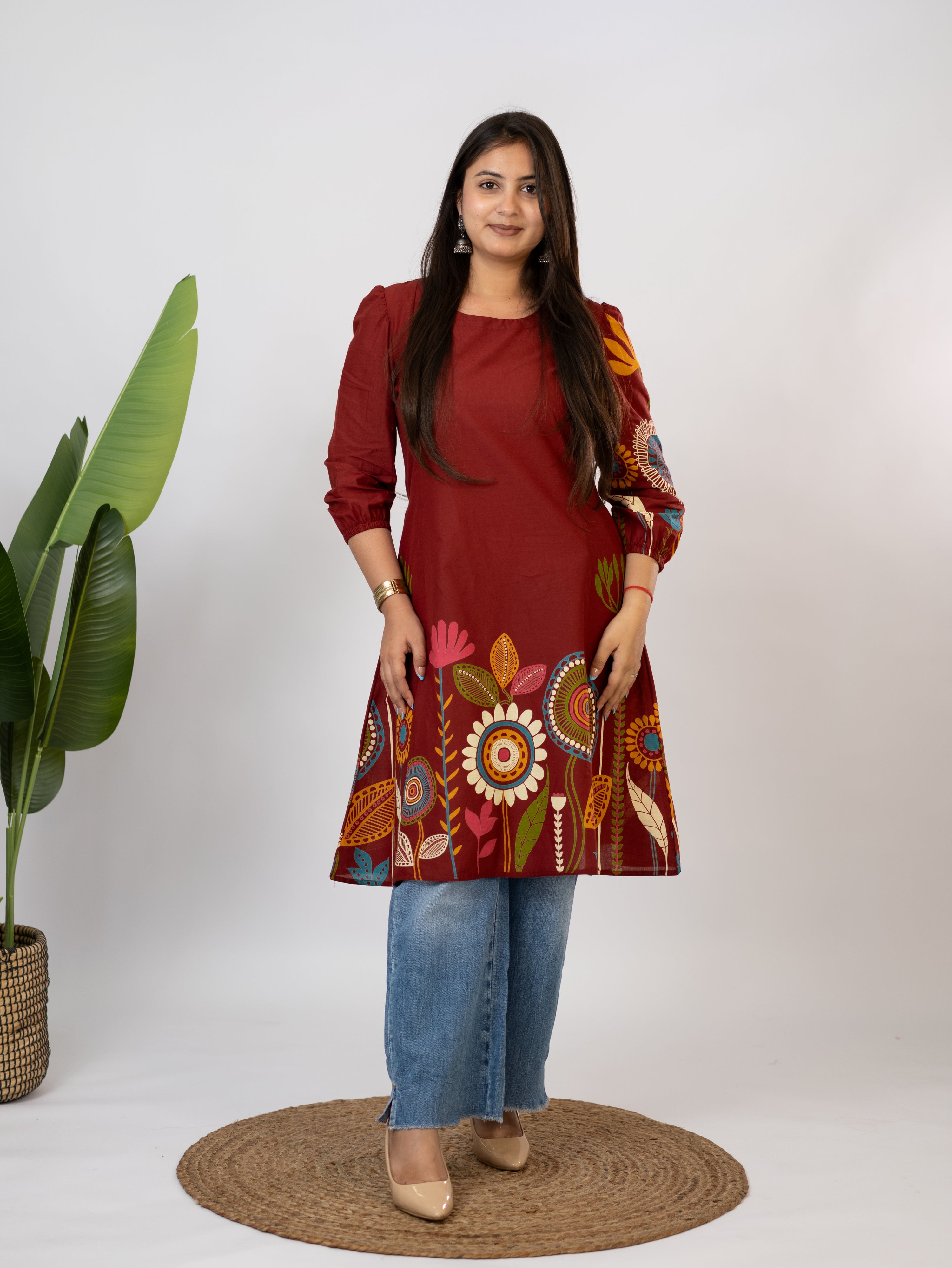 Reva Red Cotton Floral A-line Kurta