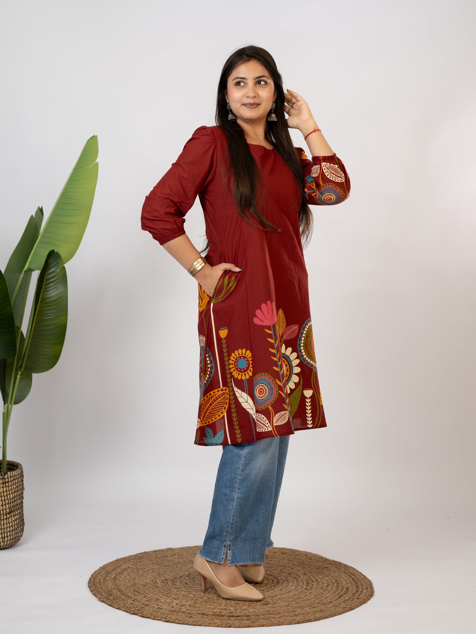 Reva Red Reva Red Cotton Floral A-line Kurta