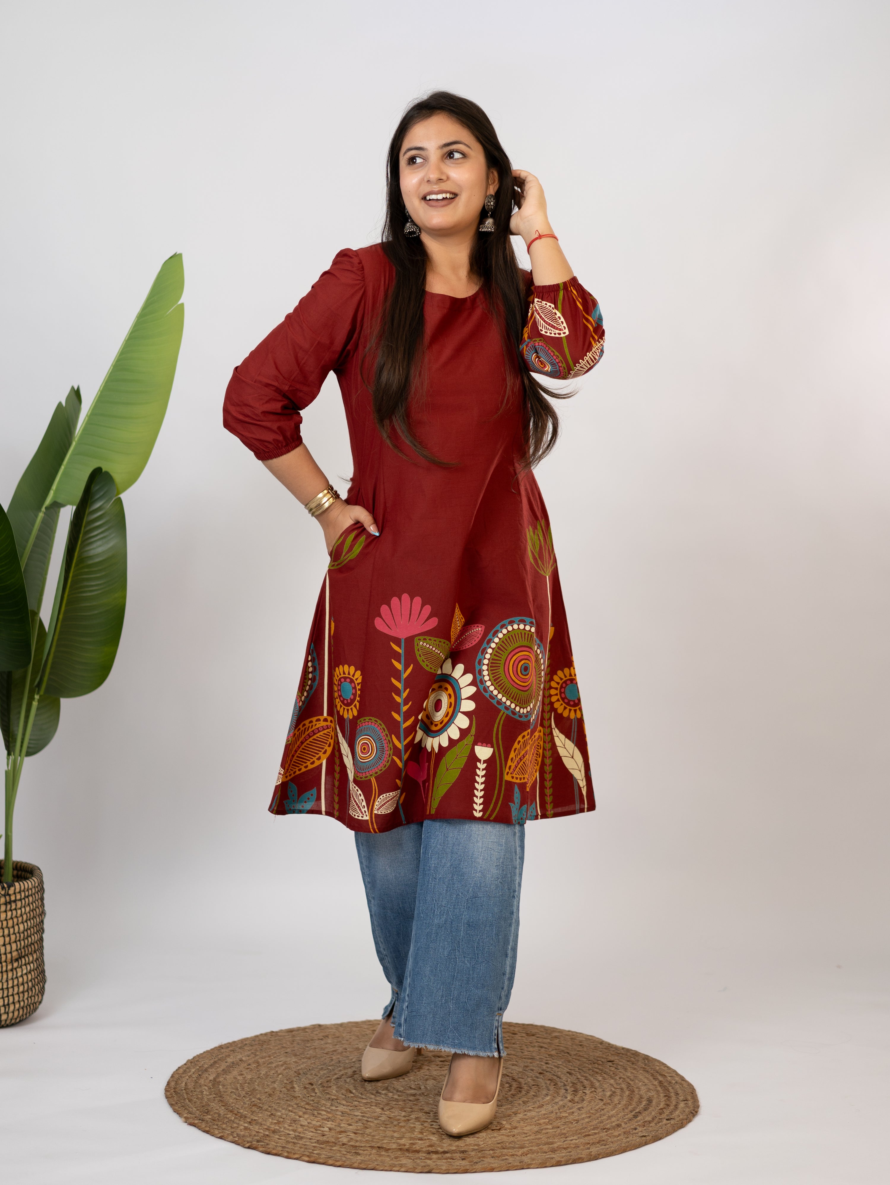 Reva Red Cotton Floral A-line Kurta