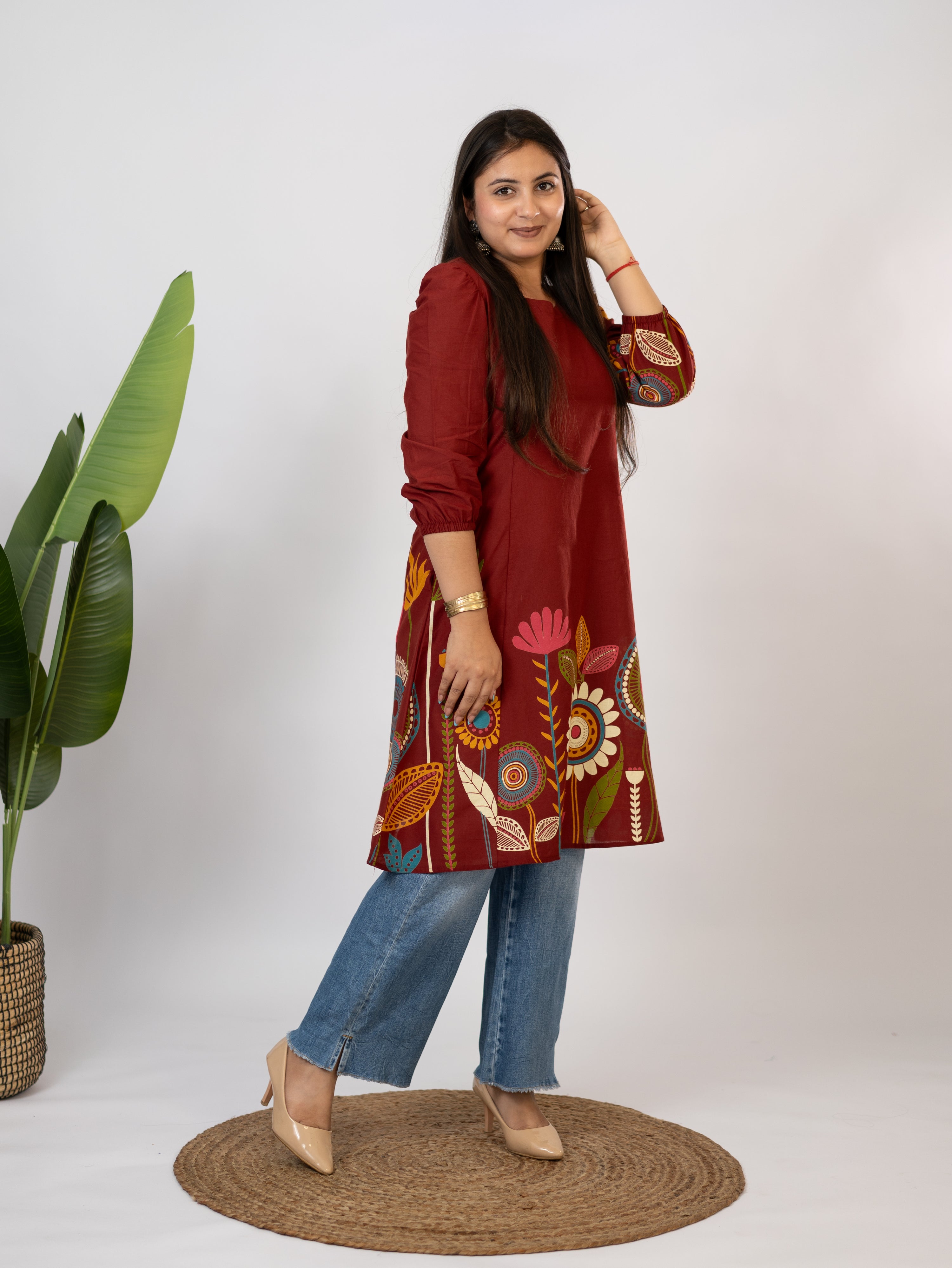 Reva Red Cotton Floral A-line Kurta