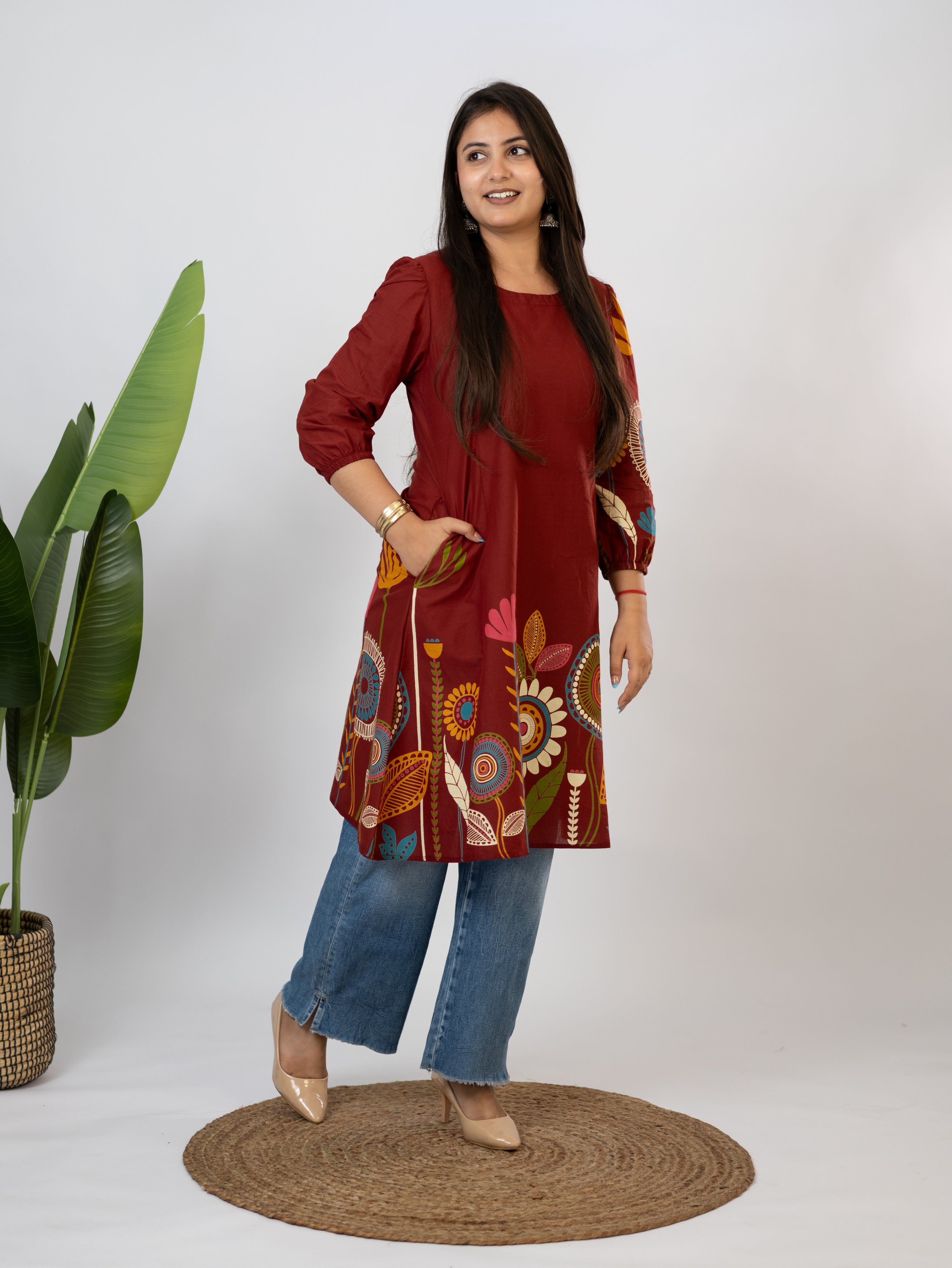 Reva Red Cotton Floral A-line Kurta