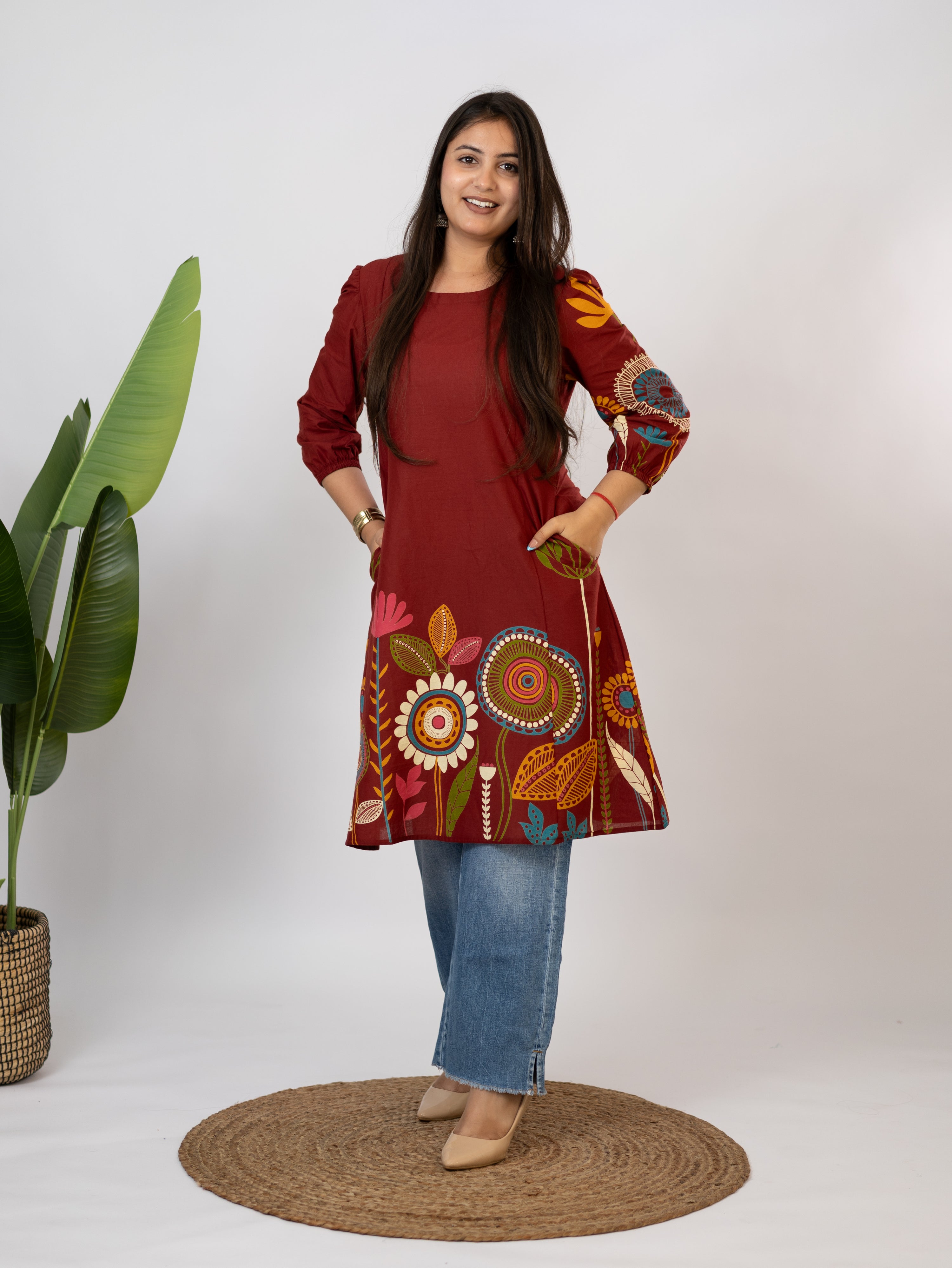 Reva Red Cotton Floral A-line Kurta