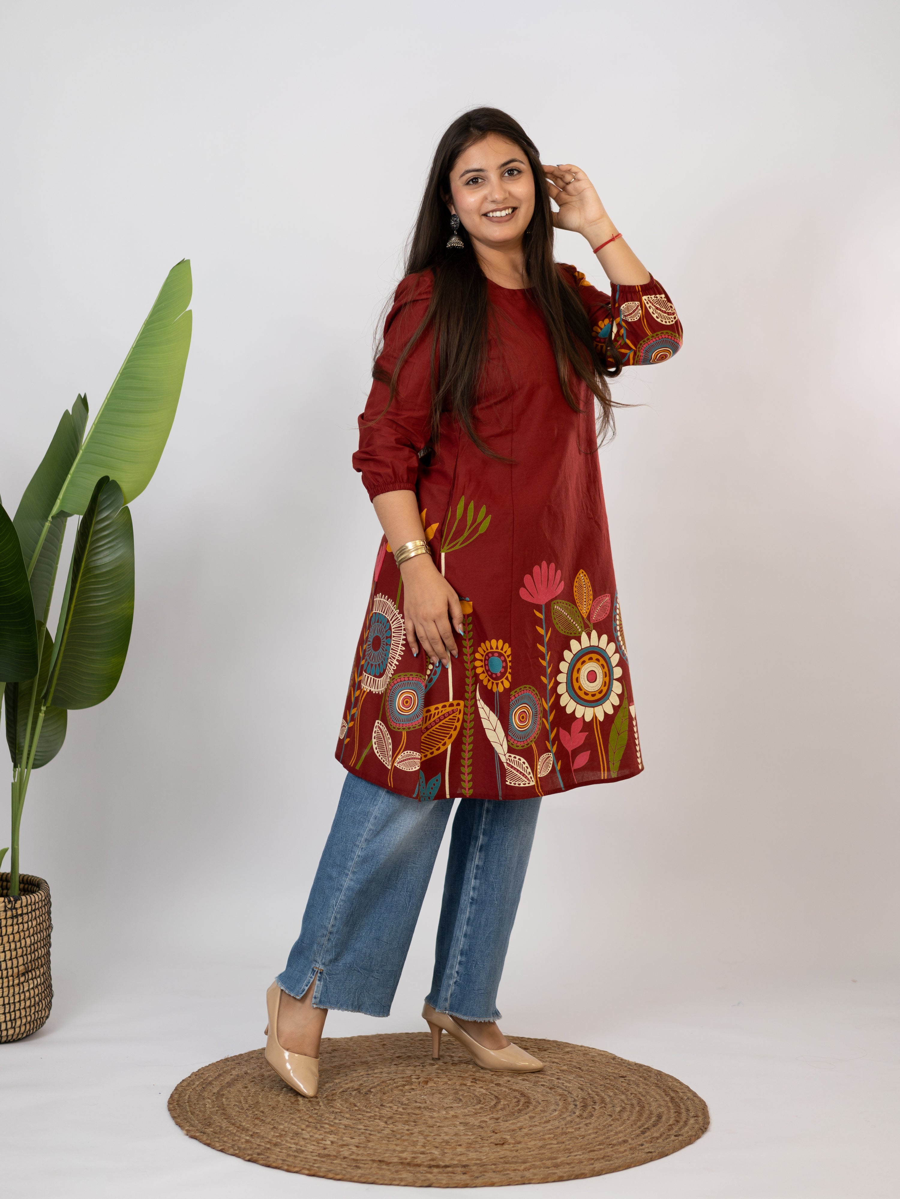 Reva Red Cotton Floral A-line Kurta