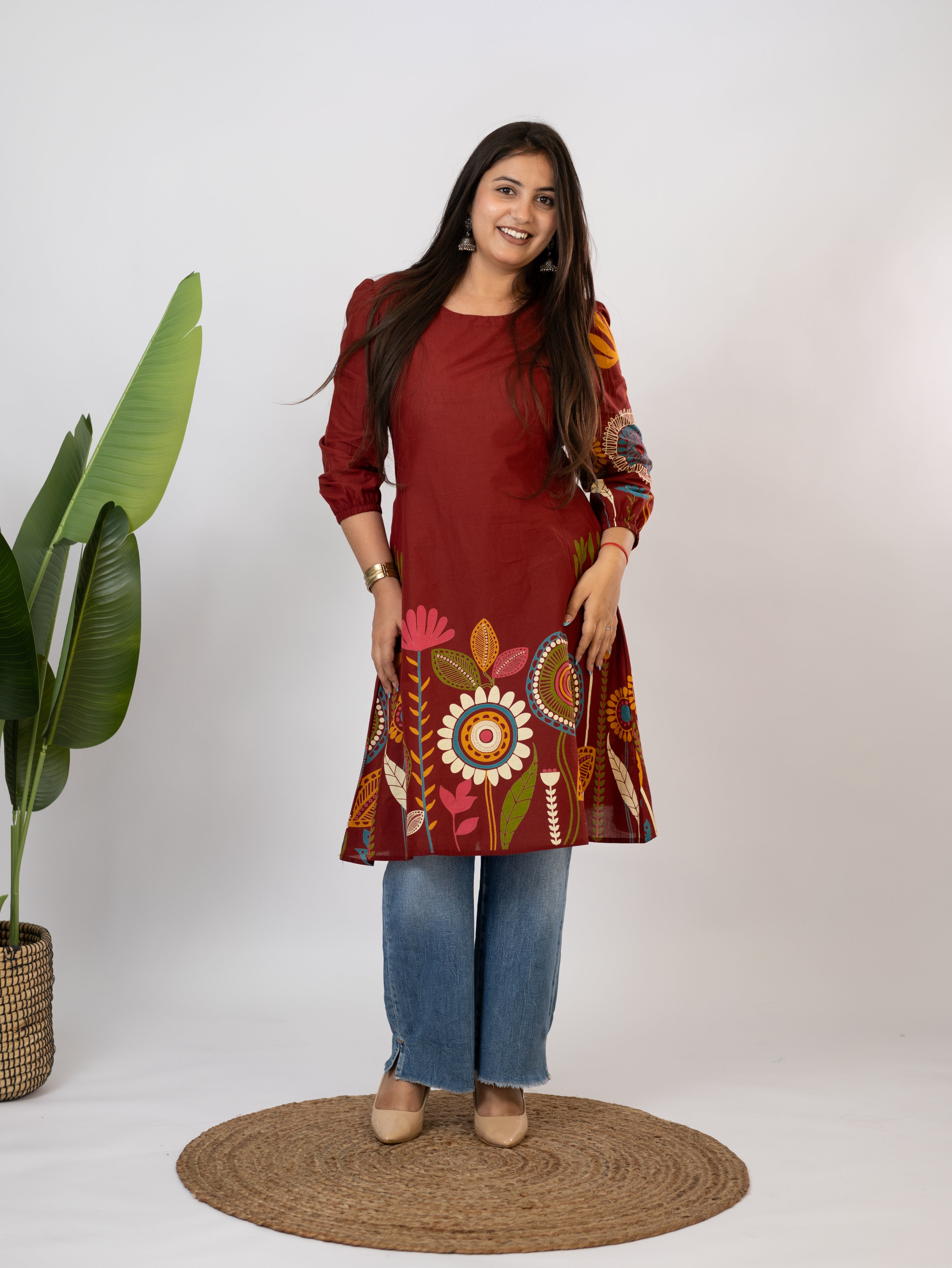 Reva Red Cotton Floral A-line Kurta