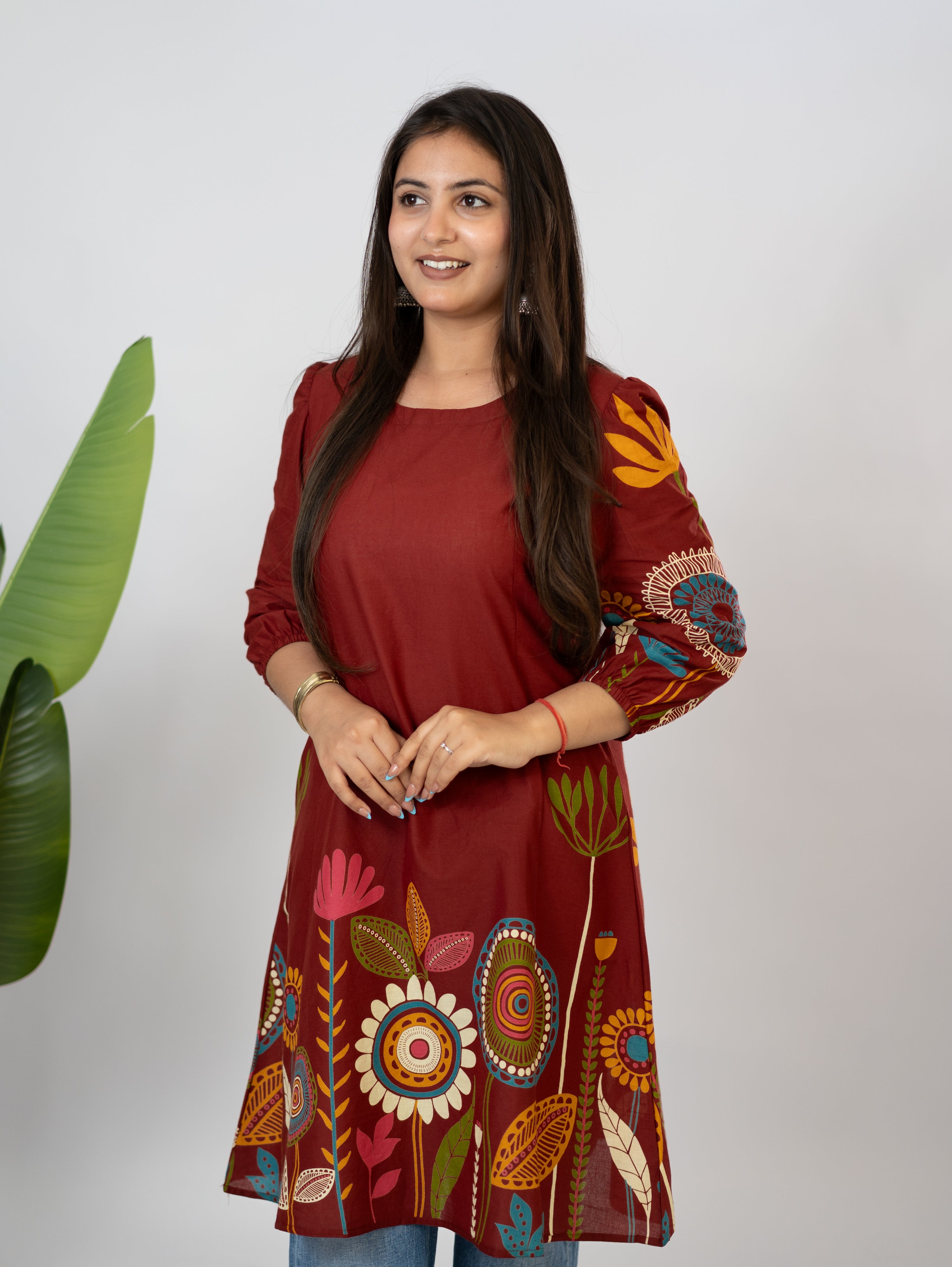 Reva Red Cotton Floral A-line Kurta