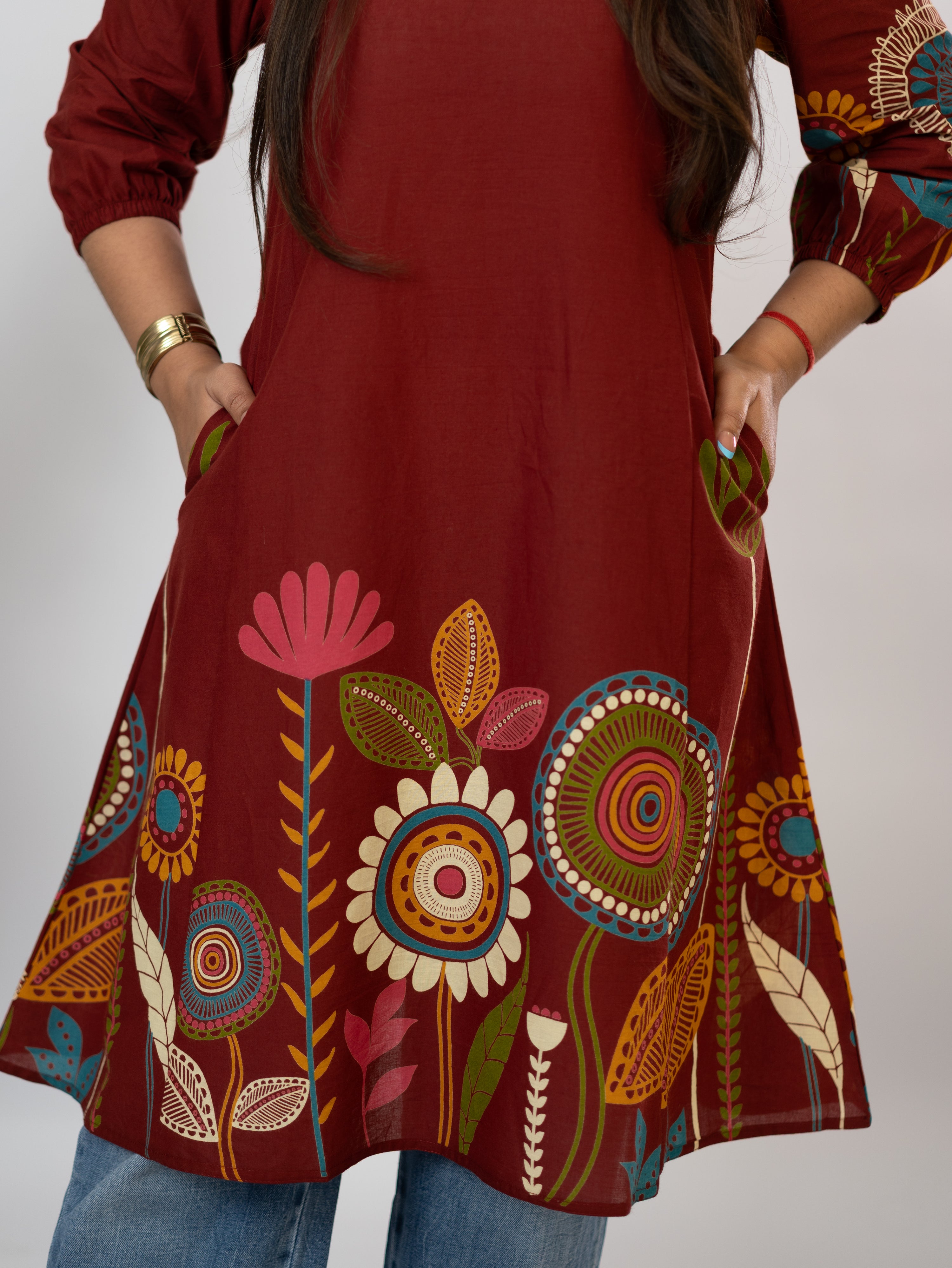 Reva Red Cotton Floral A-line Kurta