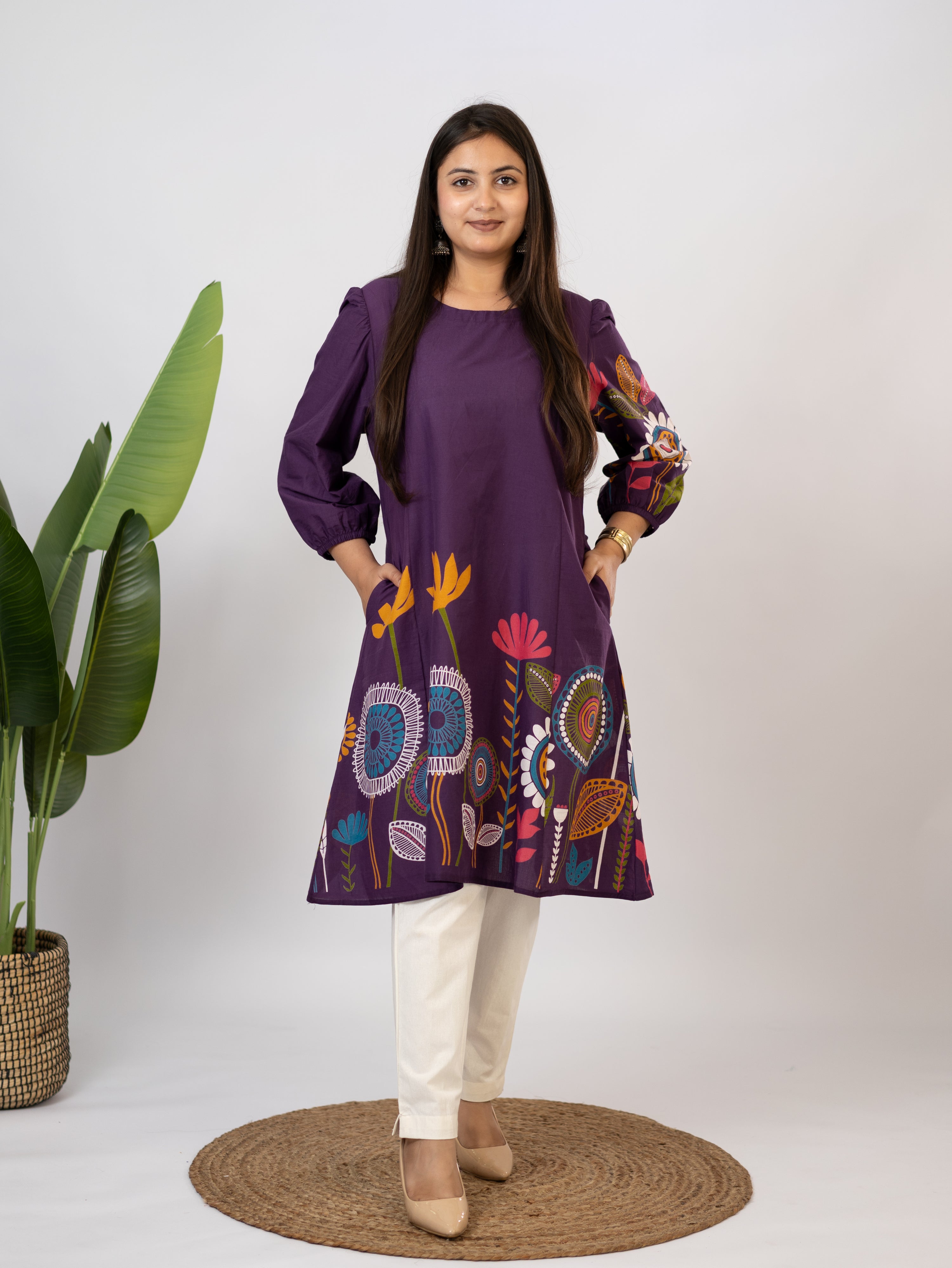Reva Purple Cotton Floral A-line Kurta