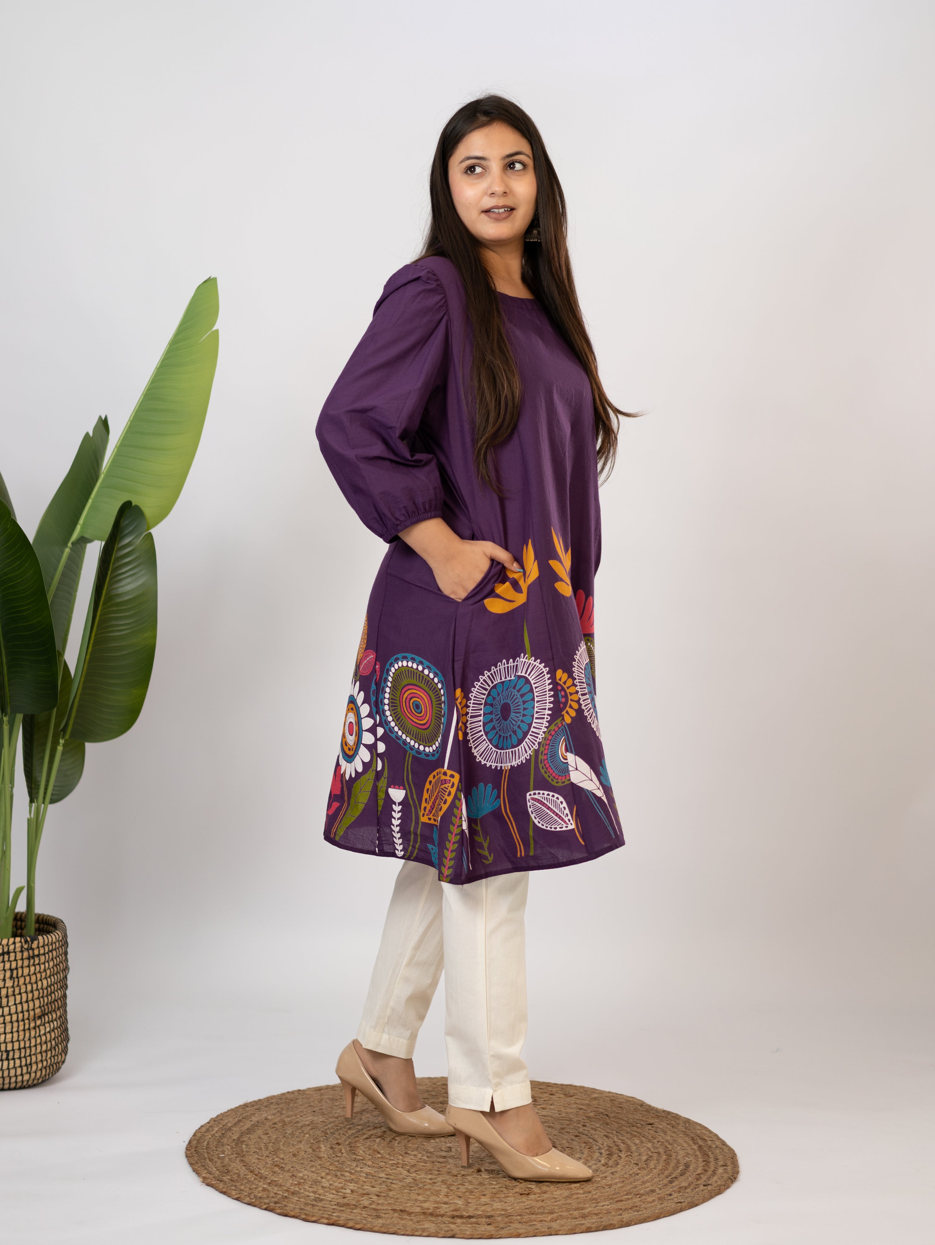 Reva Purple Cotton Floral A-line Kurta