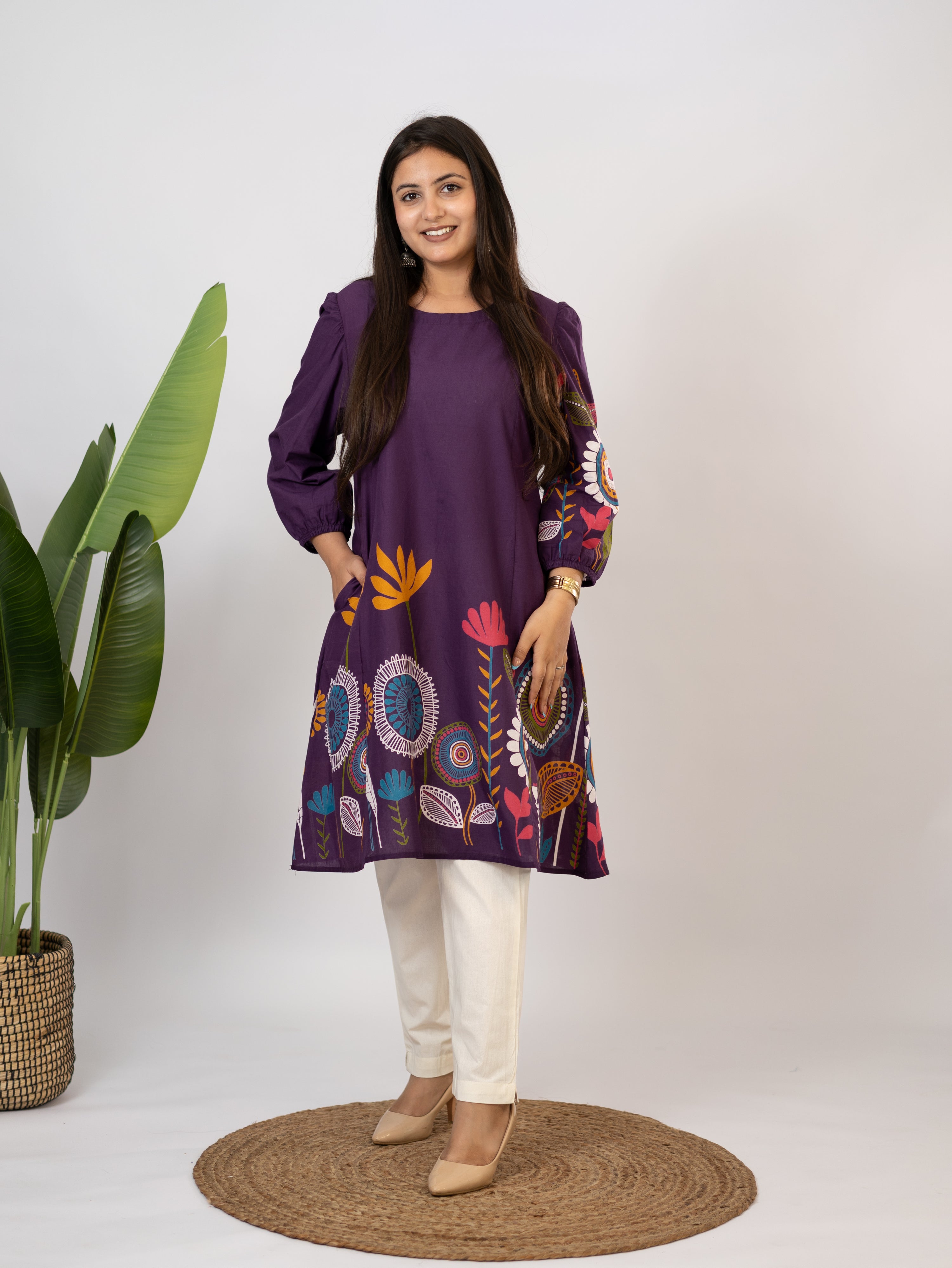 Reva Purple Cotton Floral A-line Kurta