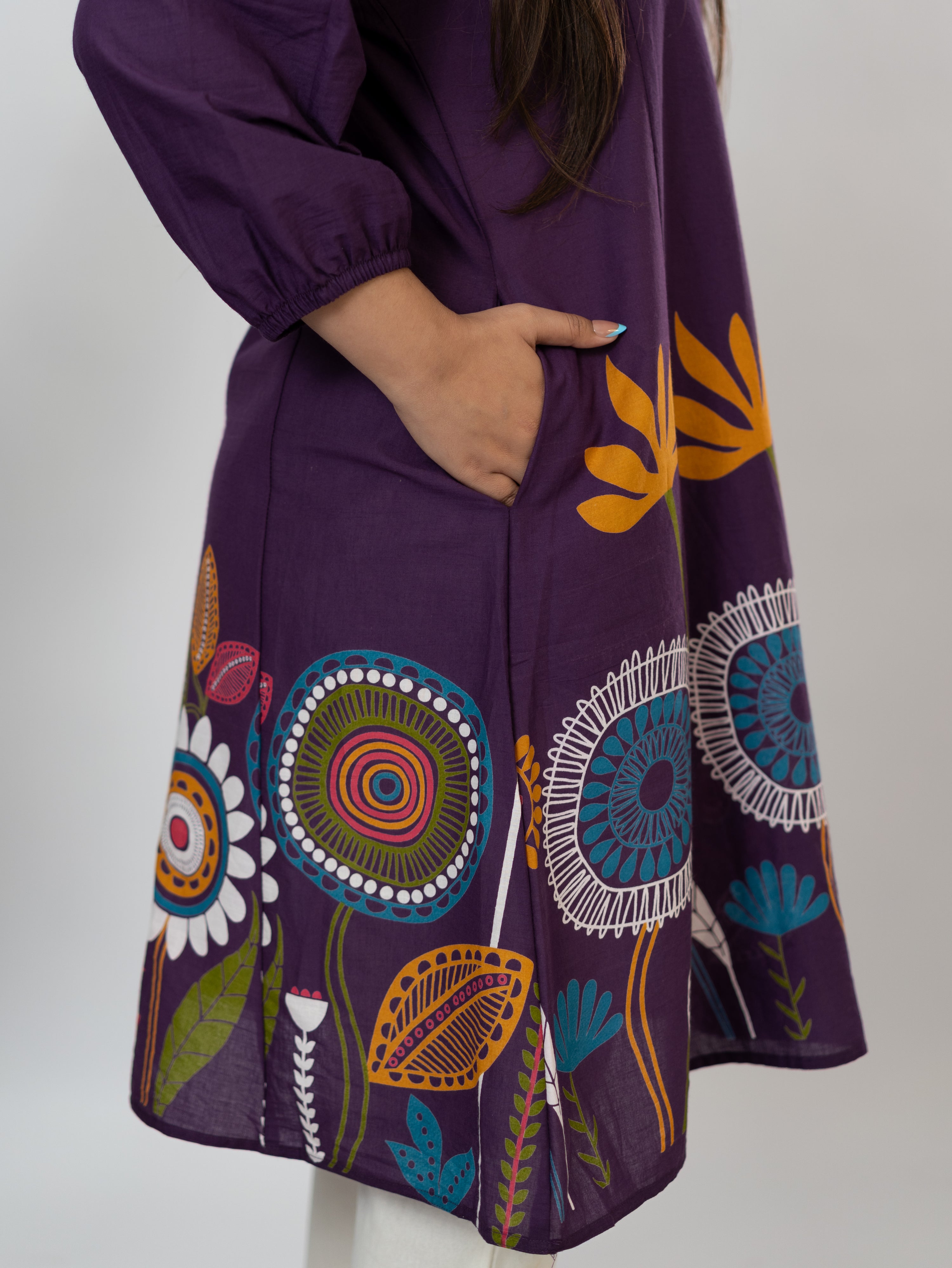 Reva Purple Cotton Floral A-line Kurta