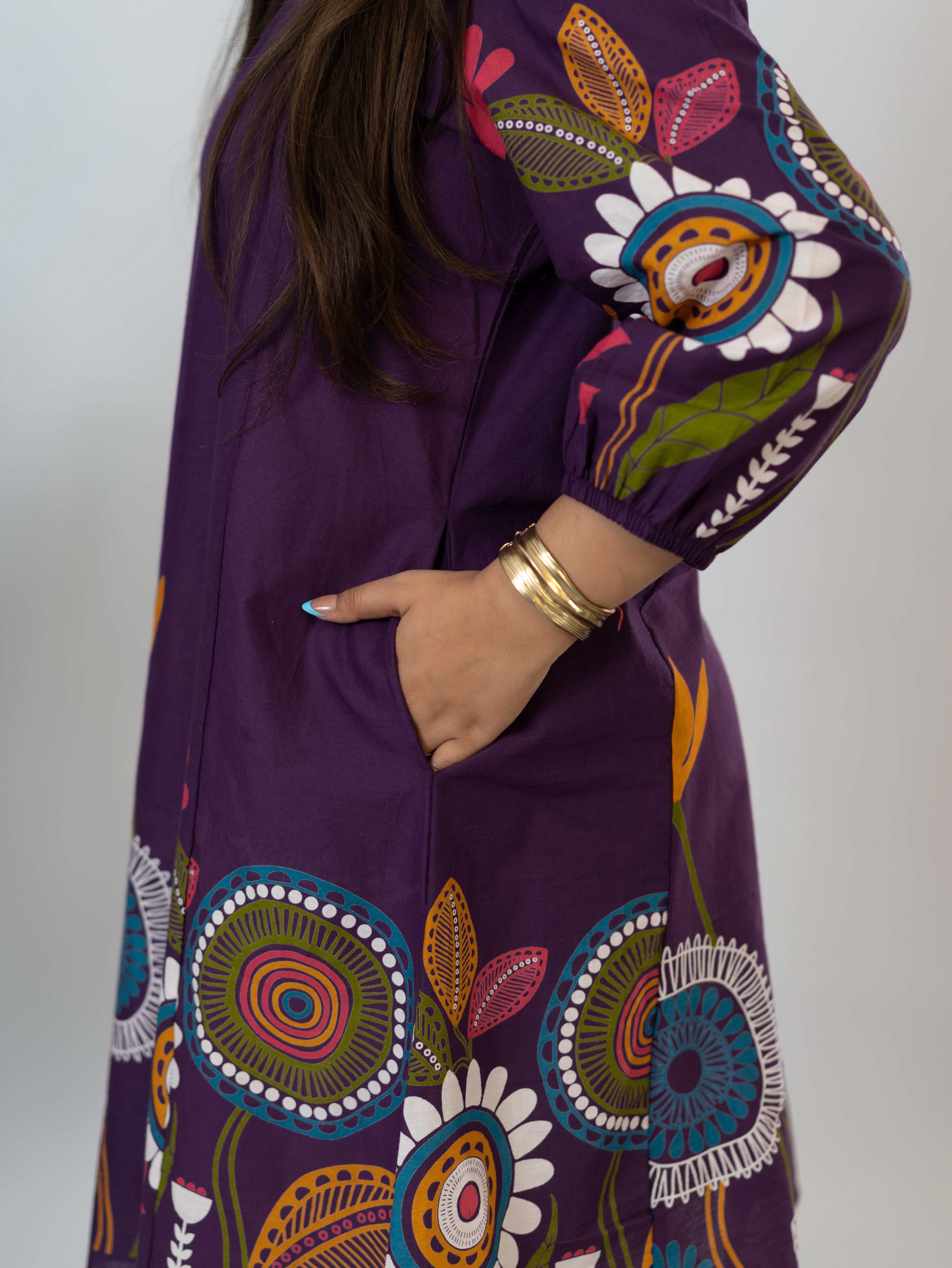 Reva Purple Cotton Floral A-line Kurta