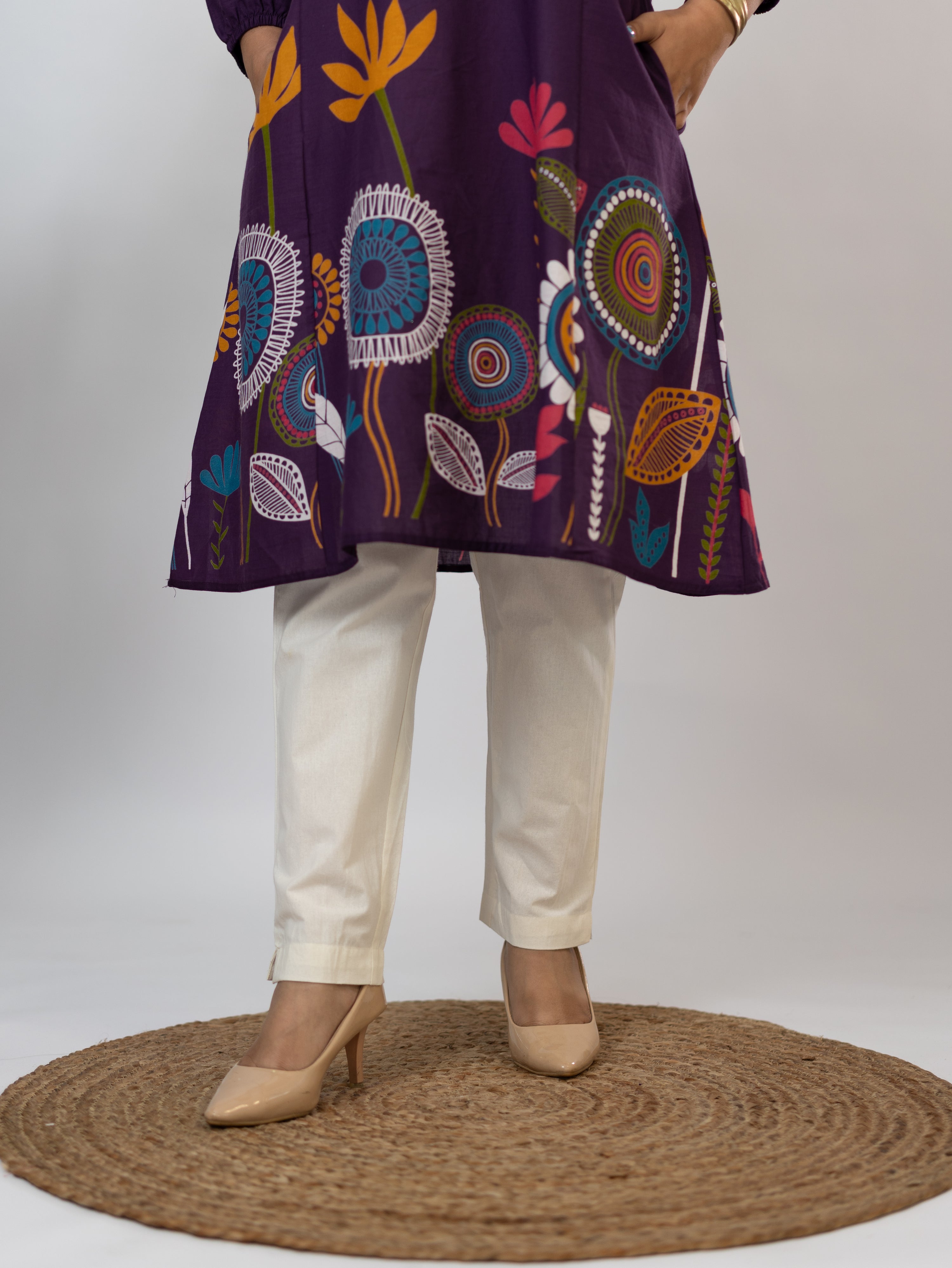 Reva Purple Cotton Floral A-line Kurta