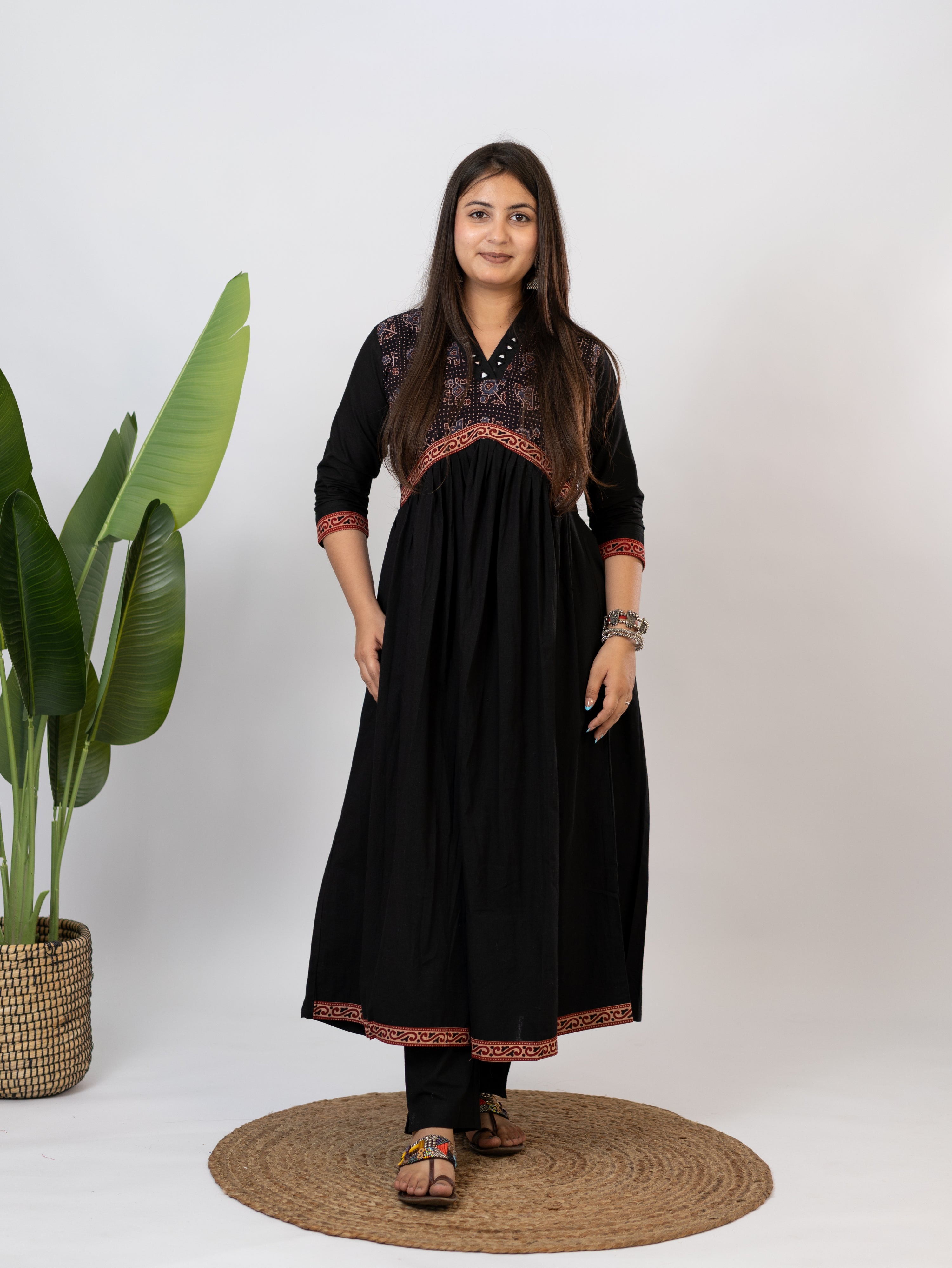 Yashi Black Cotton Alia Ajrakh Embroidered A-line Kurta