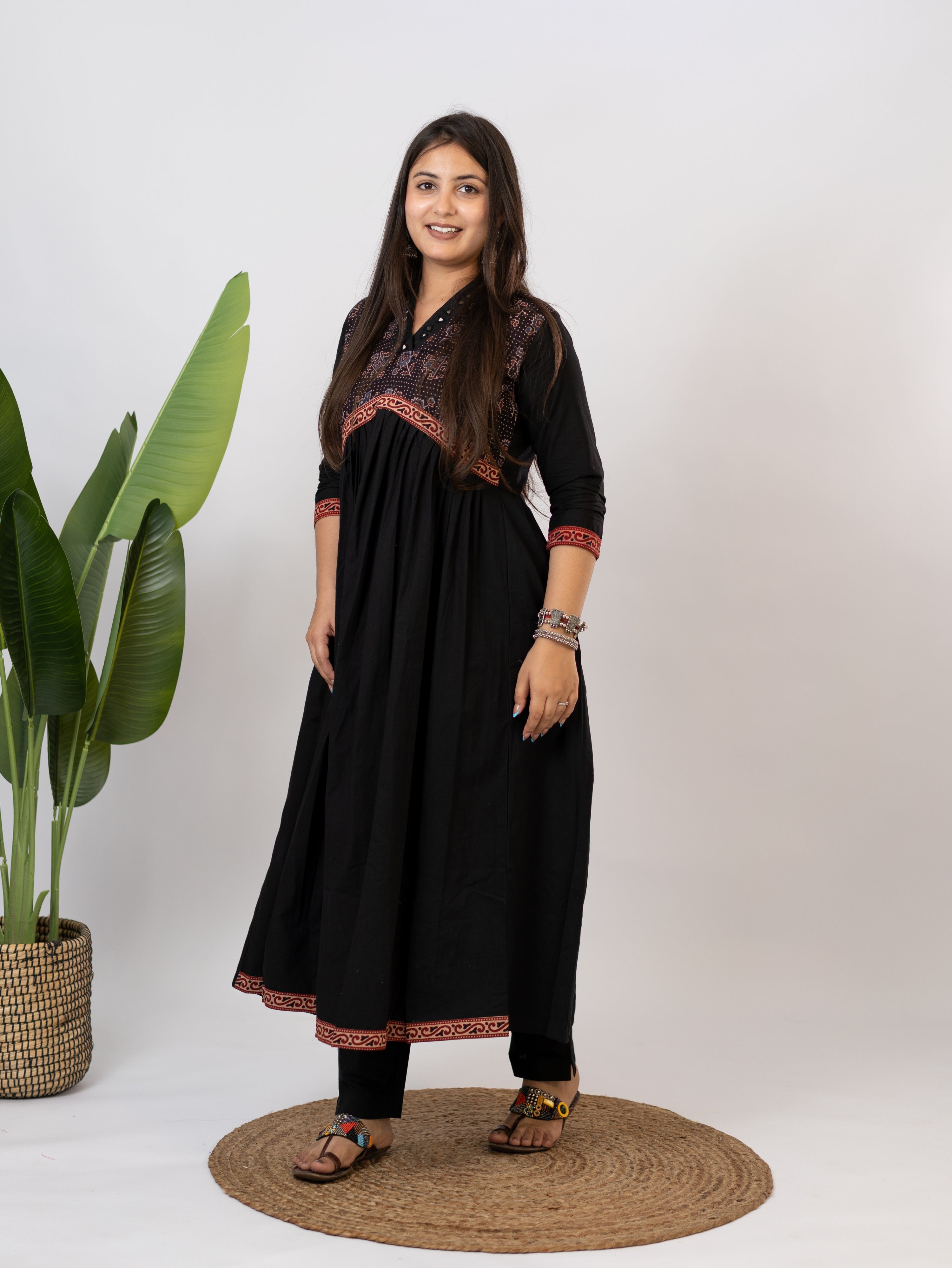 Yashi Black Cotton Alia Ajrakh Embroidered A-line Kurta