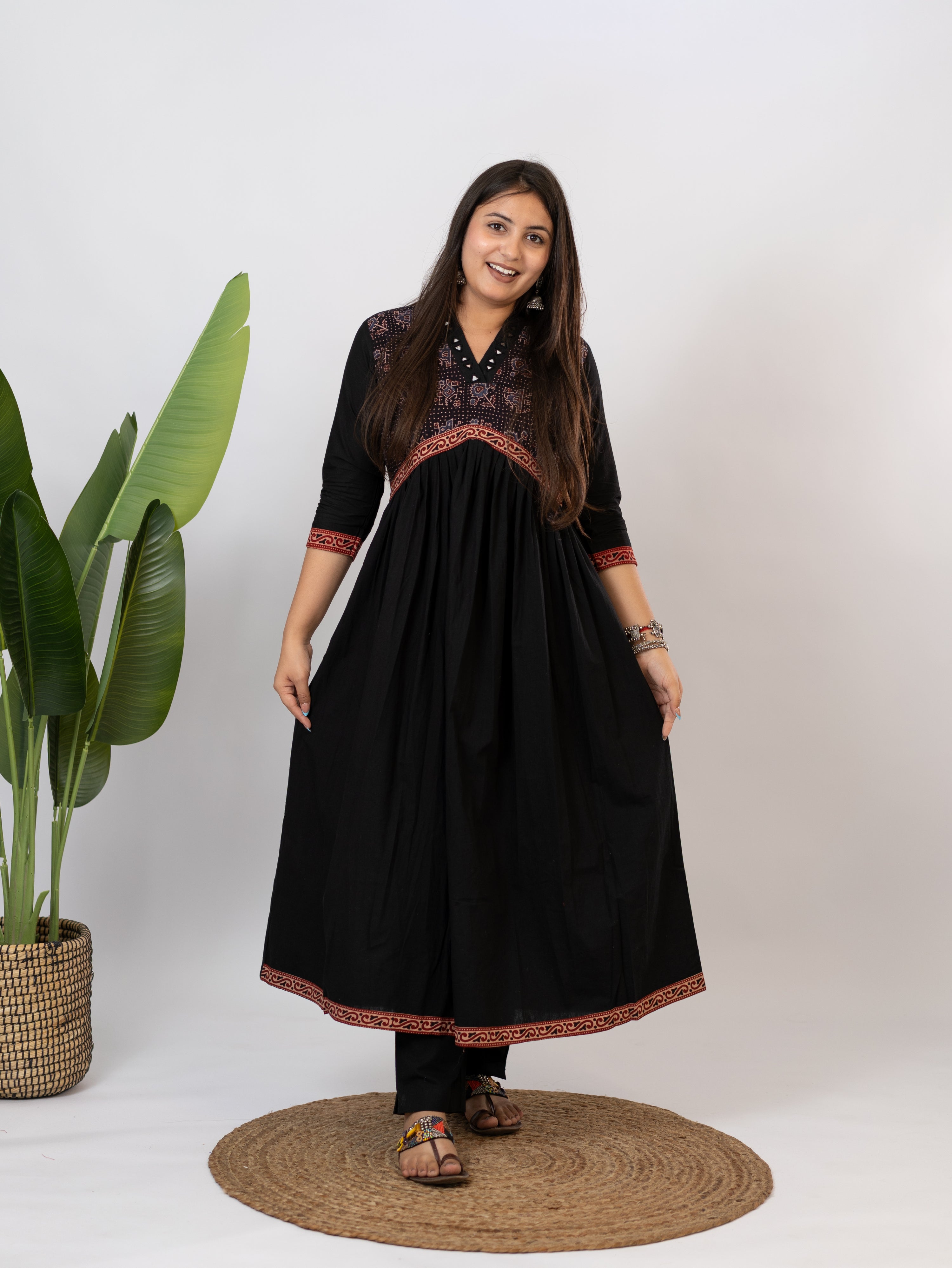 Yashi Black Cotton Alia Ajrakh Embroidered A-line Kurta