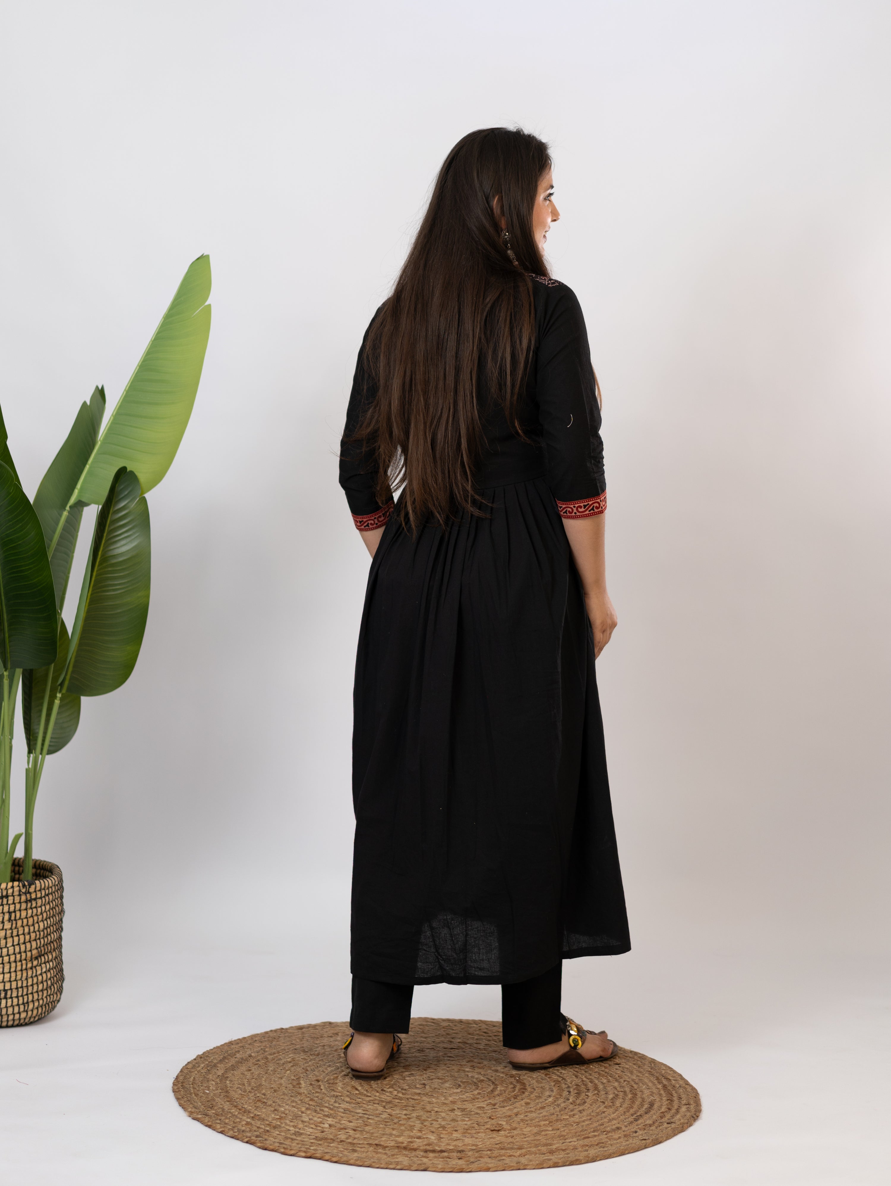 Yashi Black Cotton Alia Ajrakh Embroidered A-line Kurta