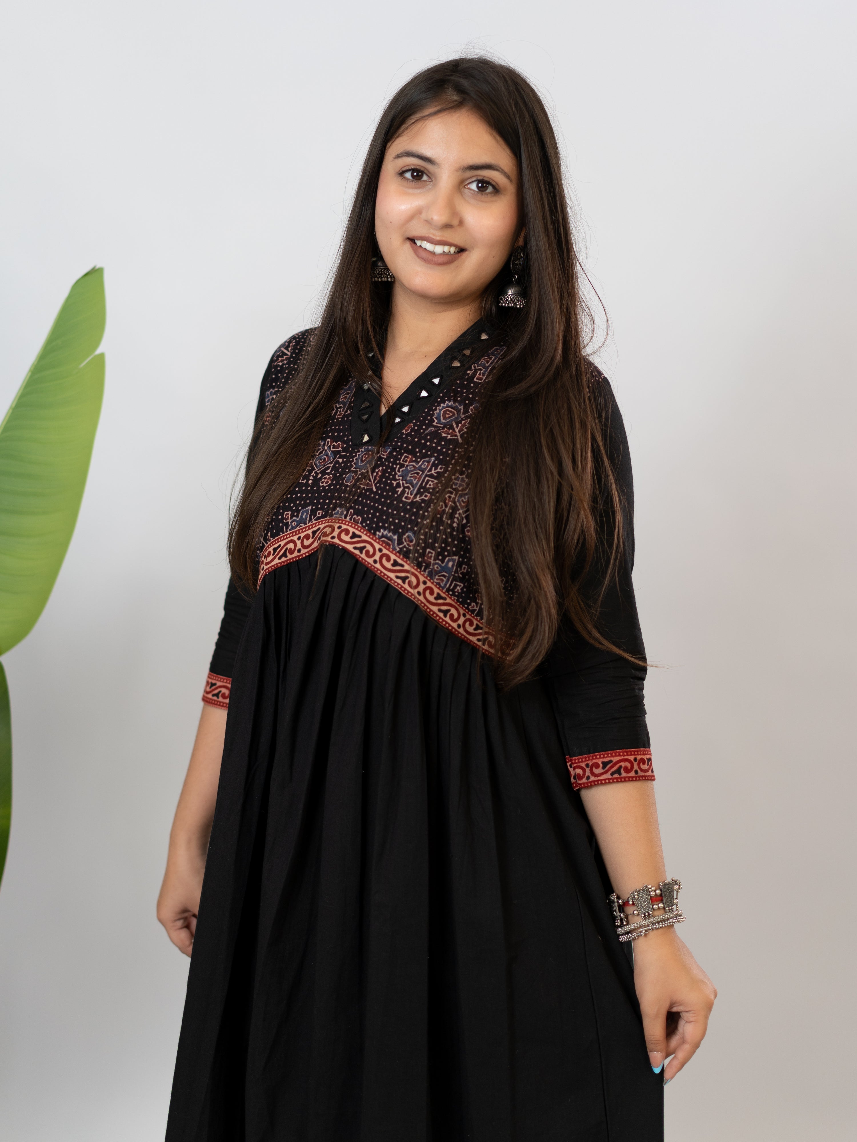 Yashi Black Cotton Alia Ajrakh Embroidered A-line Kurta