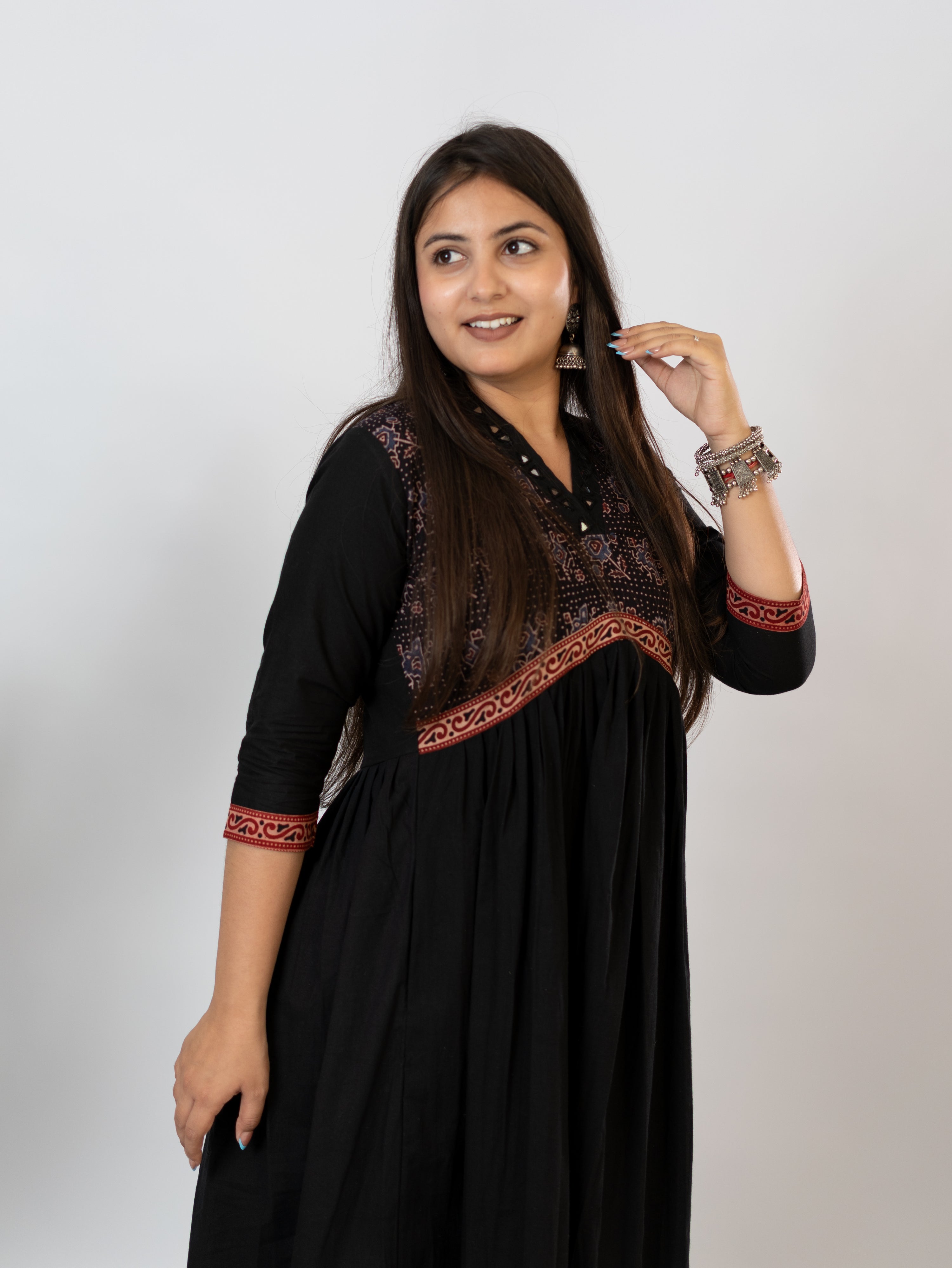 Yashi Black Cotton Alia Ajrakh Embroidered A-line Kurta