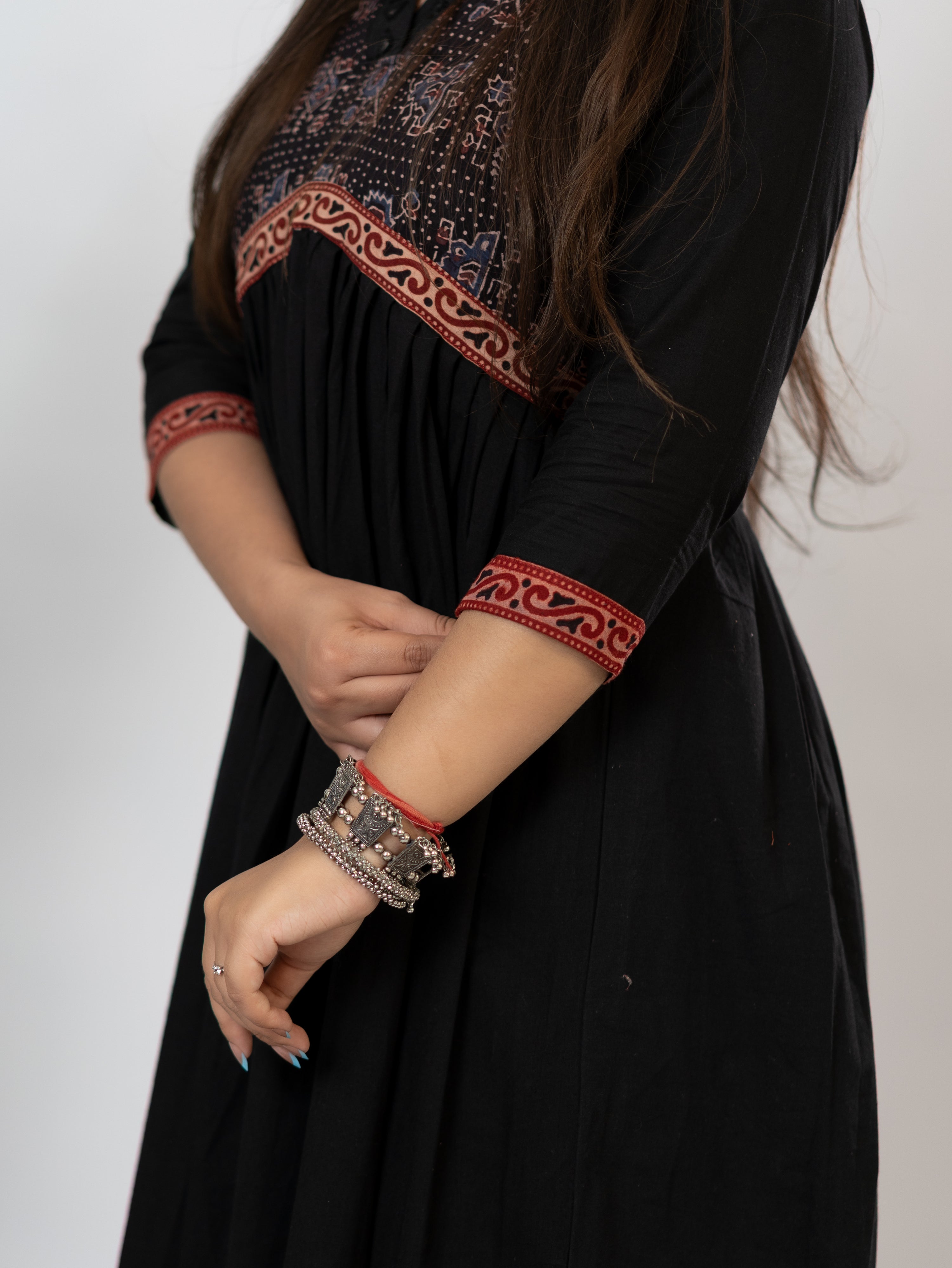 Yashi Black Cotton Alia Ajrakh Embroidered A-line Kurta
