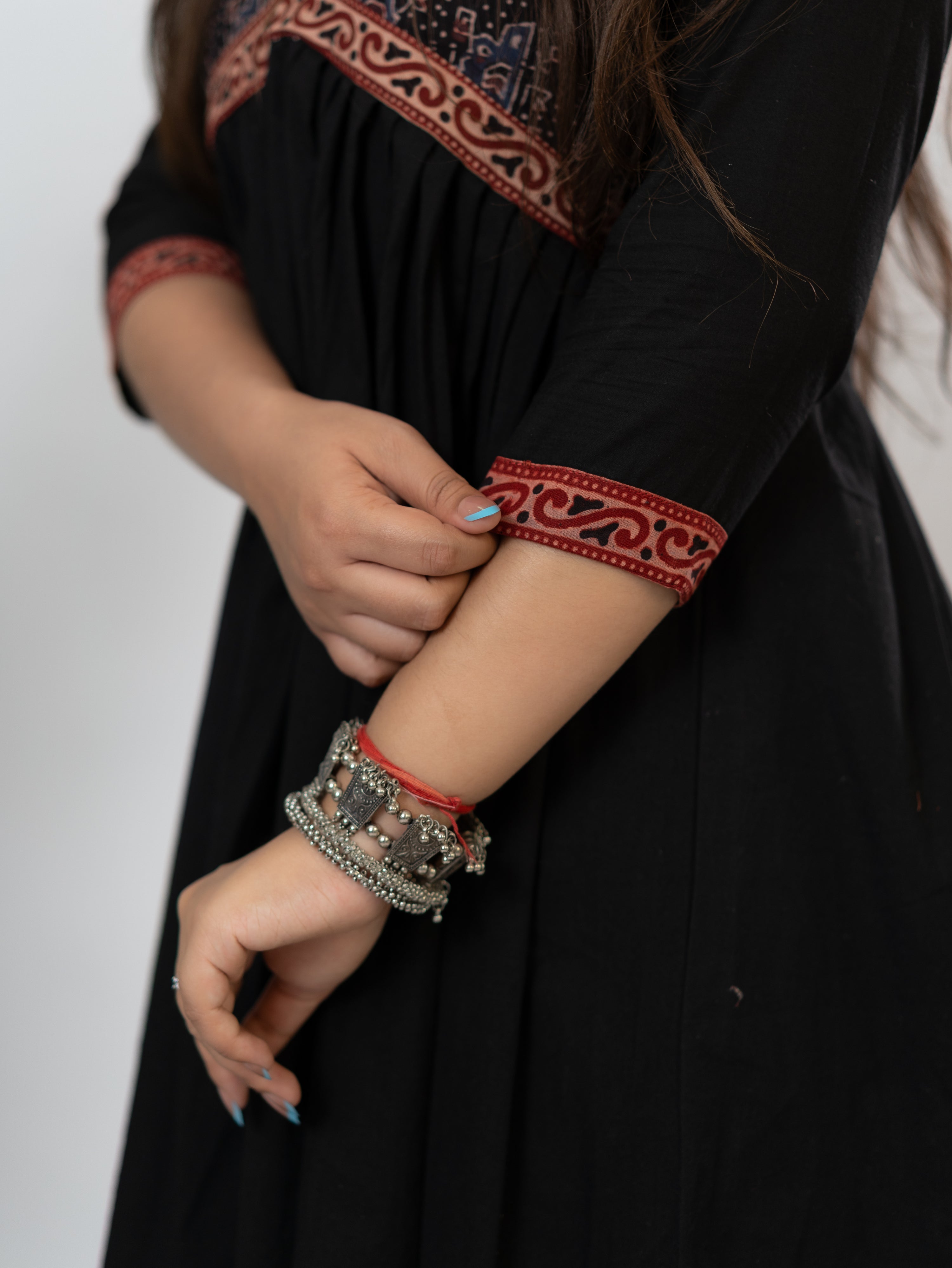 Yashi Black Cotton Alia Ajrakh Embroidered A-line Kurta