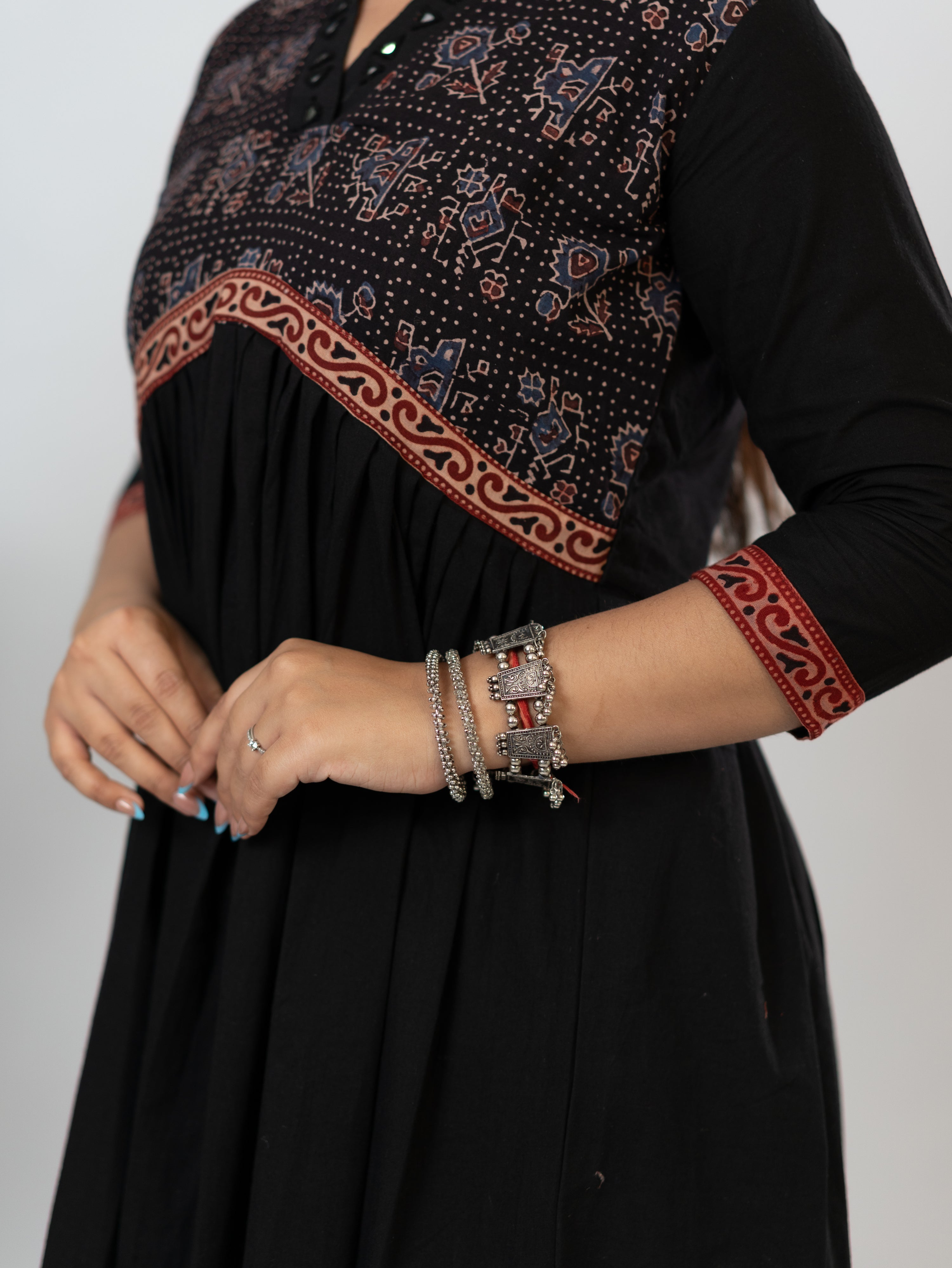 Yashi Black Cotton Alia Ajrakh Embroidered A-line Kurta